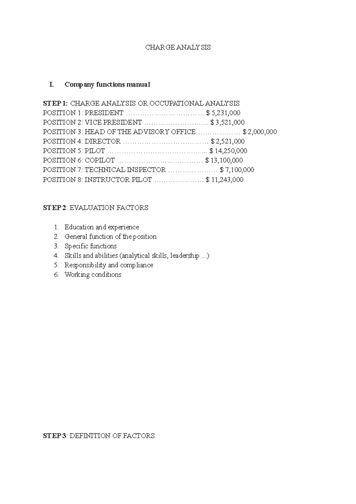 Charge Analysis - First Method - Charge Analysis I. Company Functions 