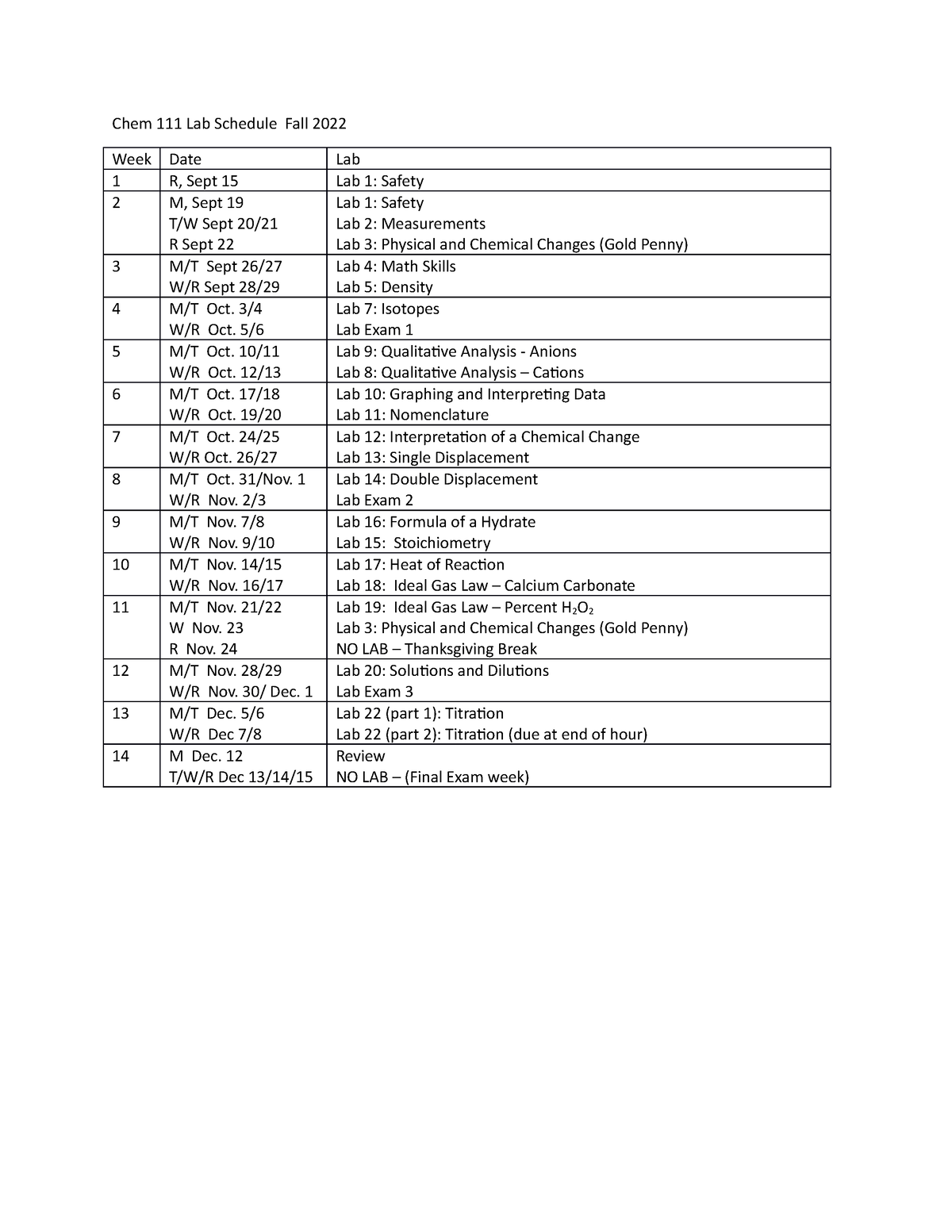 Lab Schedule Chem 111 Fall 2022 2 Chem 111 Lab Schedule Fall 2022