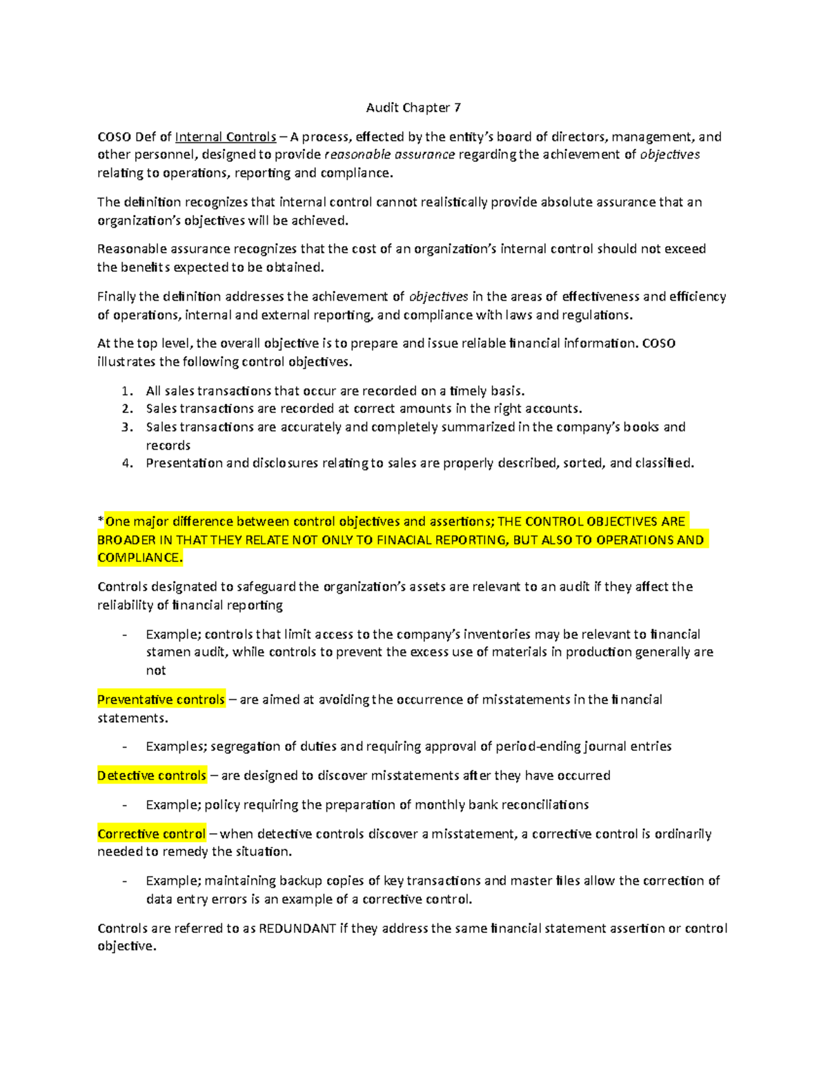 Audit Chapter 7 Finished - Audit Chapter 7 COSO Def of Internal ...