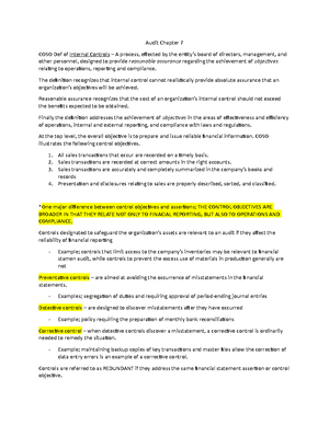 Audit 1 - Summary of Chapter 7 Part 1 for BUS-A534 - Audit Chapter 7 ...
