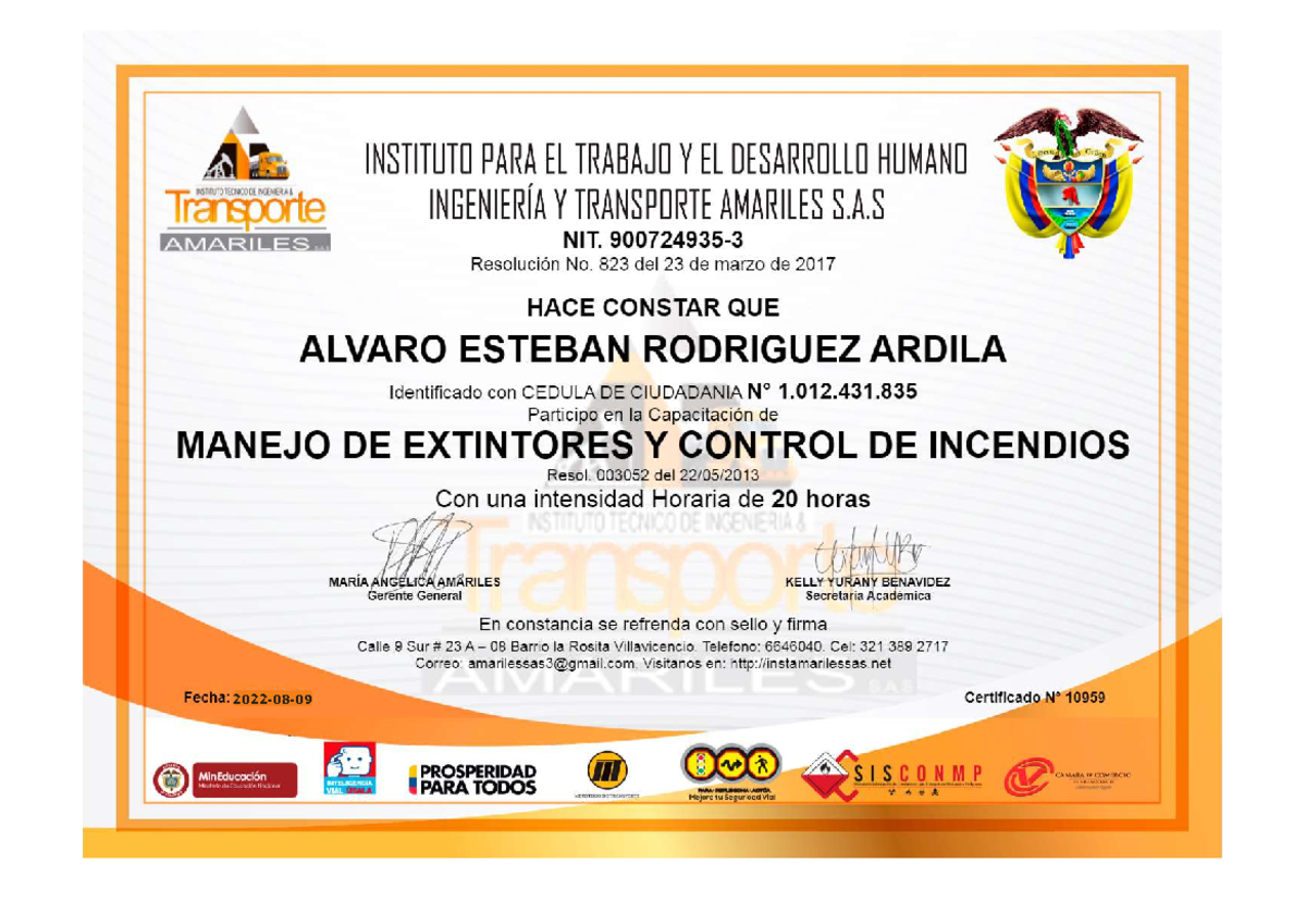 Certificado Manejo DE Extintores - Fundamentos De Administración - 2022