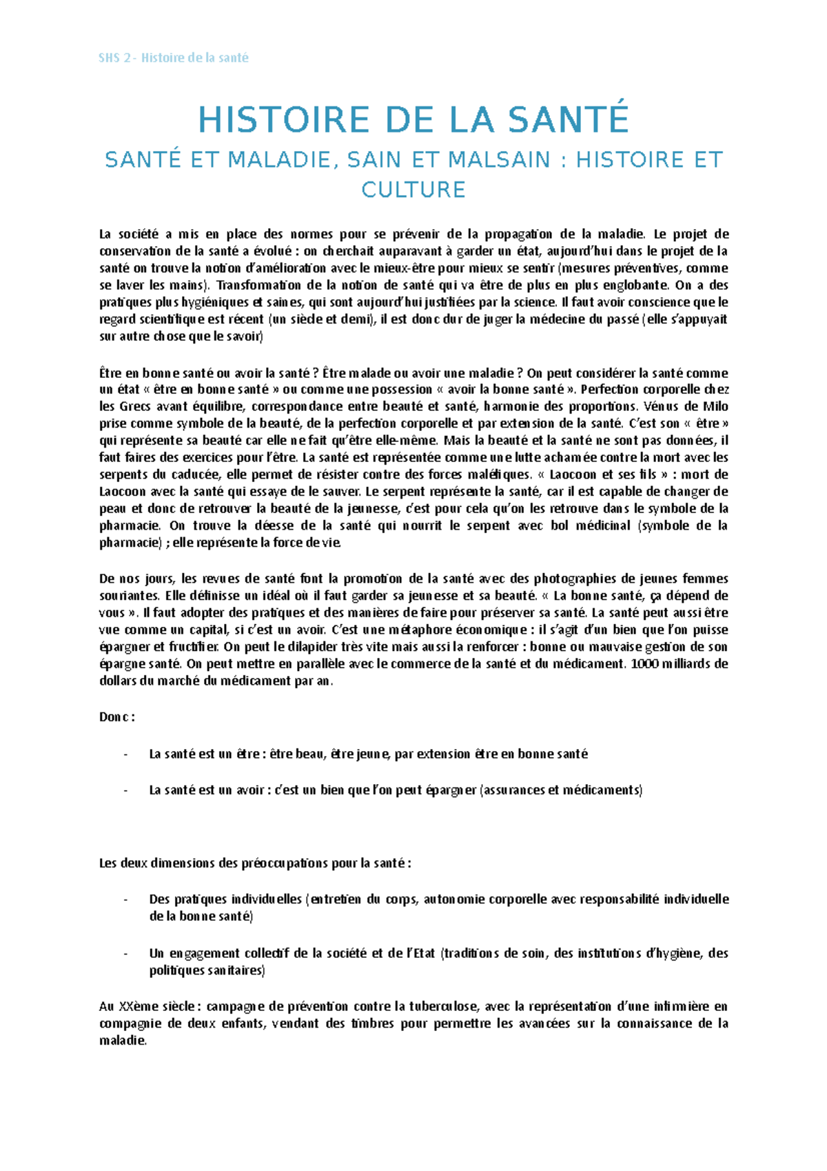 SHS 2. Histoire de la santé (Rassmussen) HISTOIRE DE LA SANTÉ SANTÉ