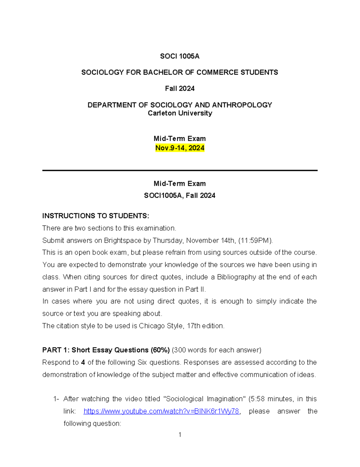 Mid Term Assignment SOCI1005A Fall 2024 - SOCI 1005A SOCIOLOGY FOR ...