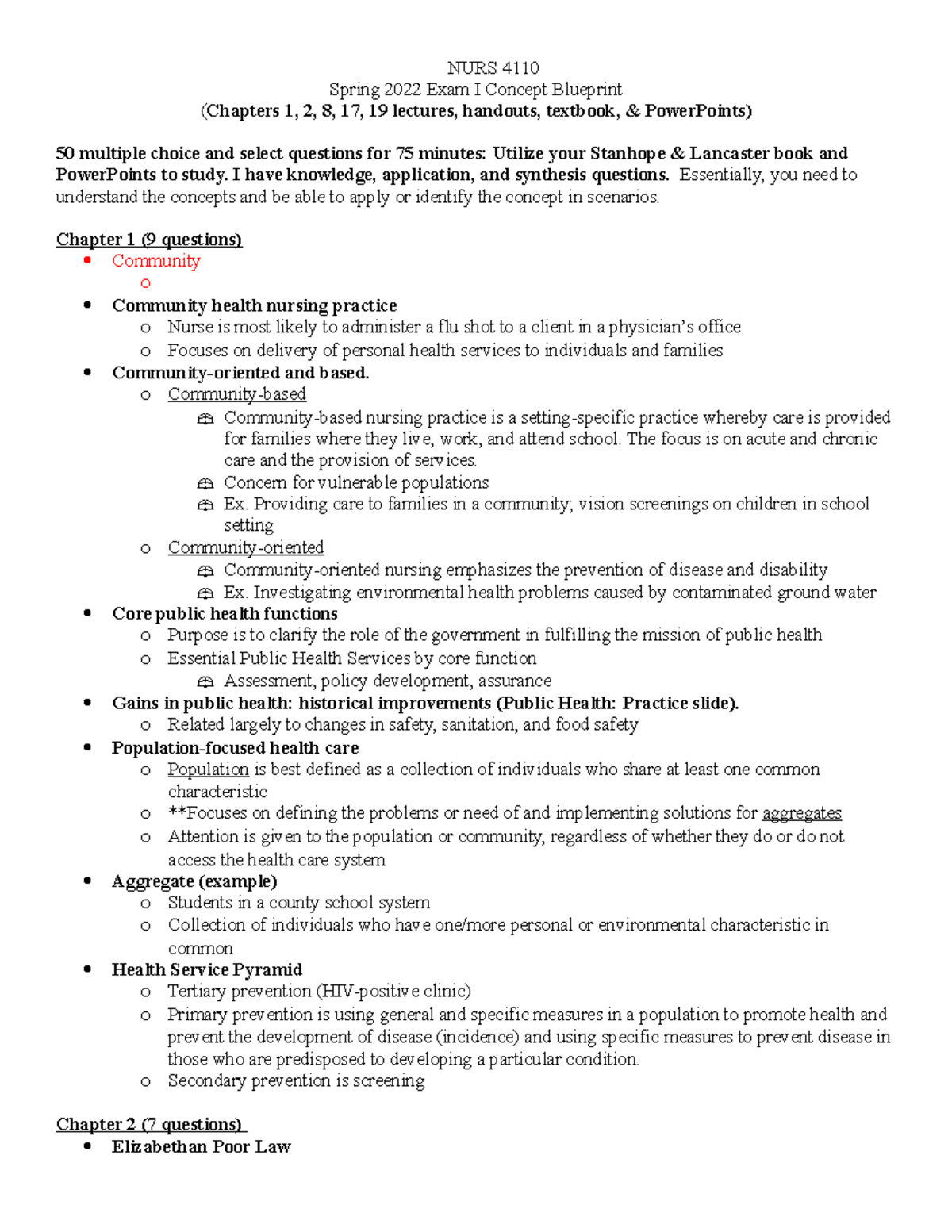 Community Exam 1 Study Guide - NURS 4110 Spring 2022 Exam I Concept ...