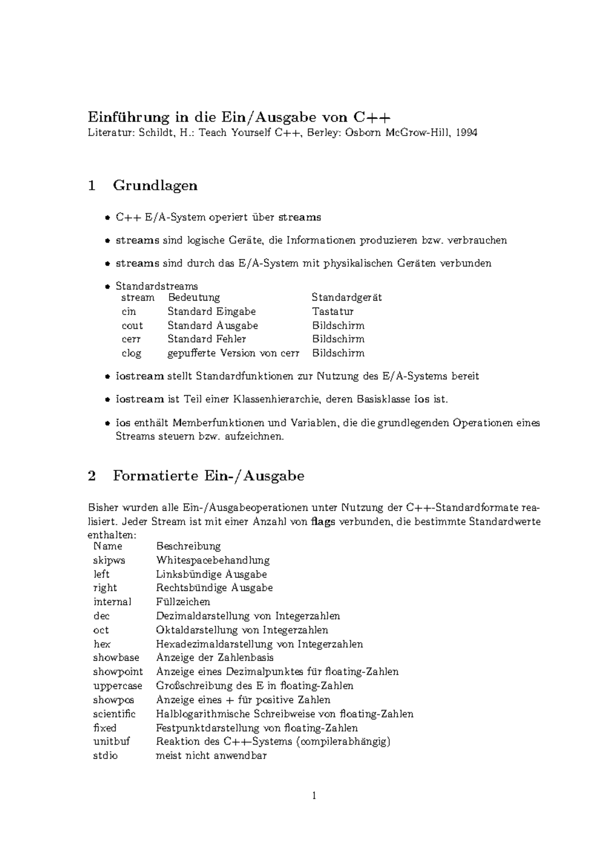 Streamio - Grundlagen In C++ - Einfu ¨ Hrung In Die Ein/Ausgabe Von C++ ...