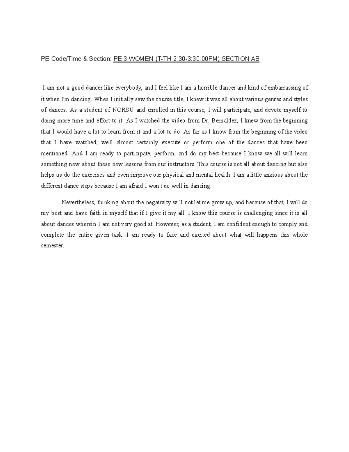 Impression paper - PE Code/Time & Section: PE 3 WOMEN (T-TH 2:30-3:30 ...