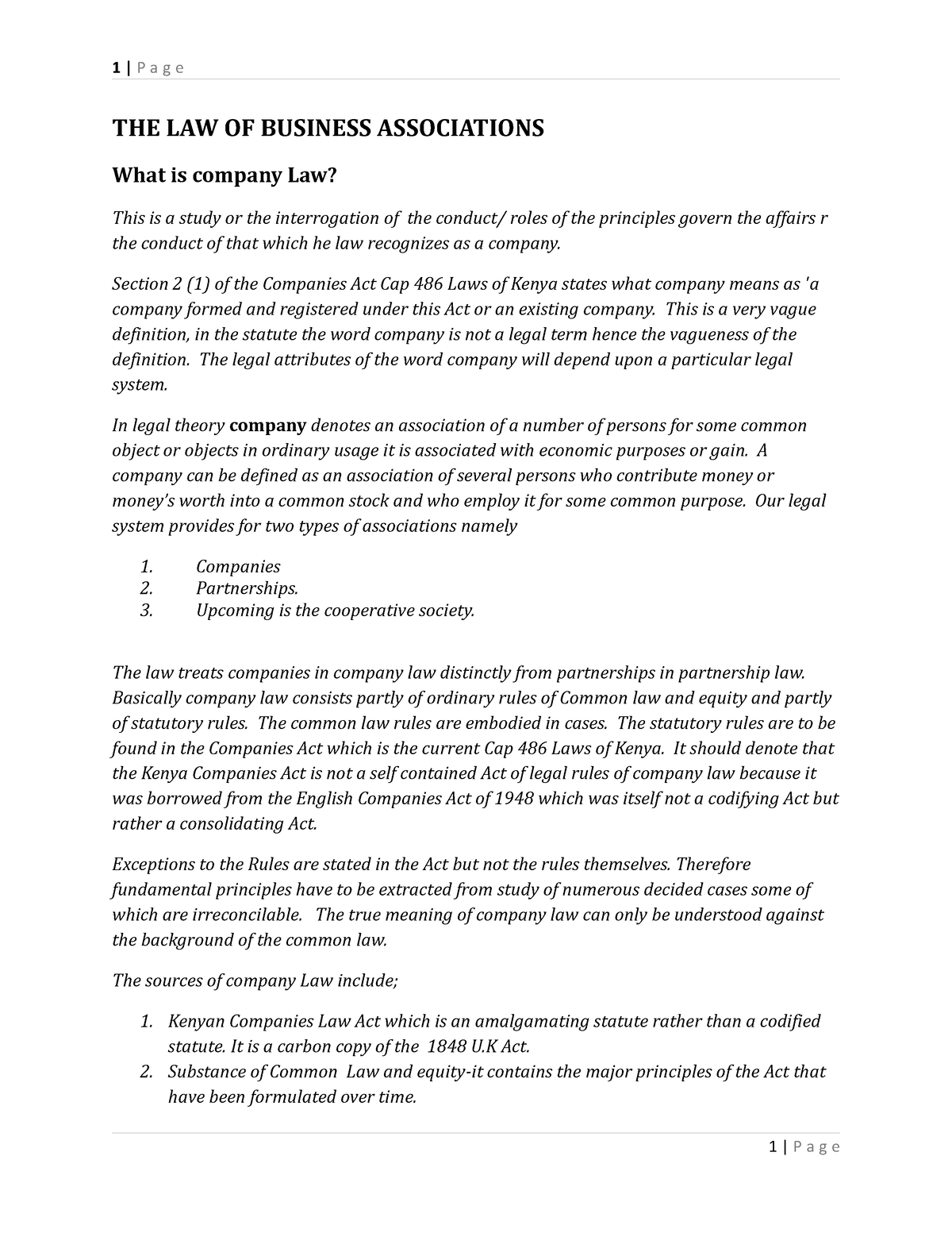 LBA Compiled Notes 2 - THE LAW OF BUSINESS ASSOCIATIONS What Is Company ...