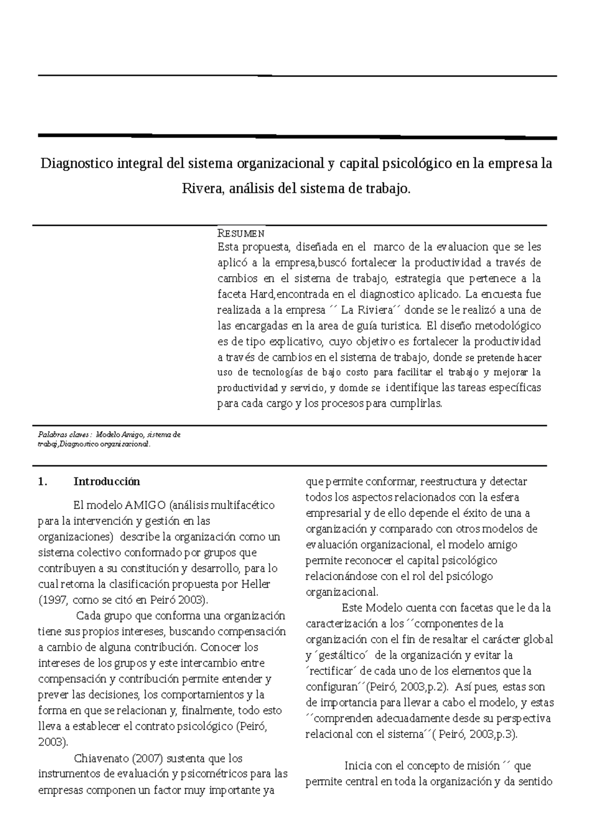 Memoria Escrita - Modelo Amigo - Diagnostico integral del sistema  organizacional y capital - Studocu