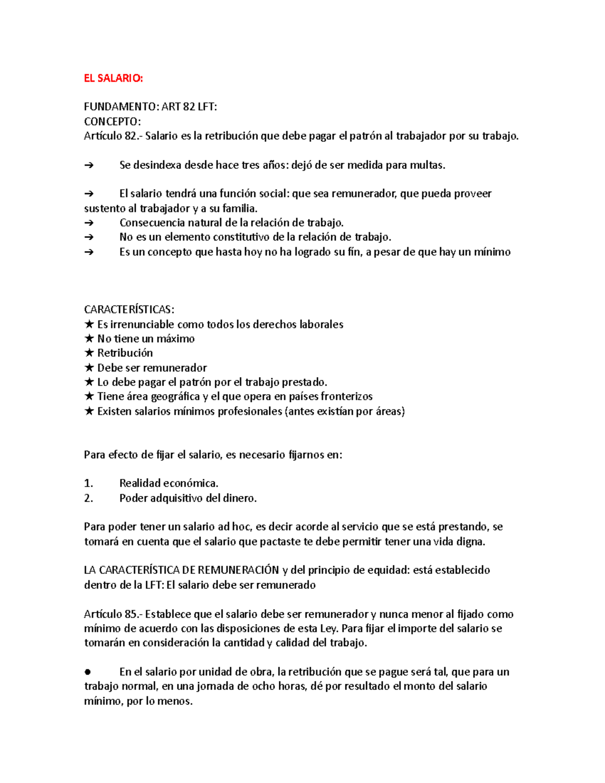 EL Salario - EL SALARIO: FUNDAMENTO: ART 82 LFT: CONCEPTO: Artículo 82.-  Salario es la retribución - Studocu
