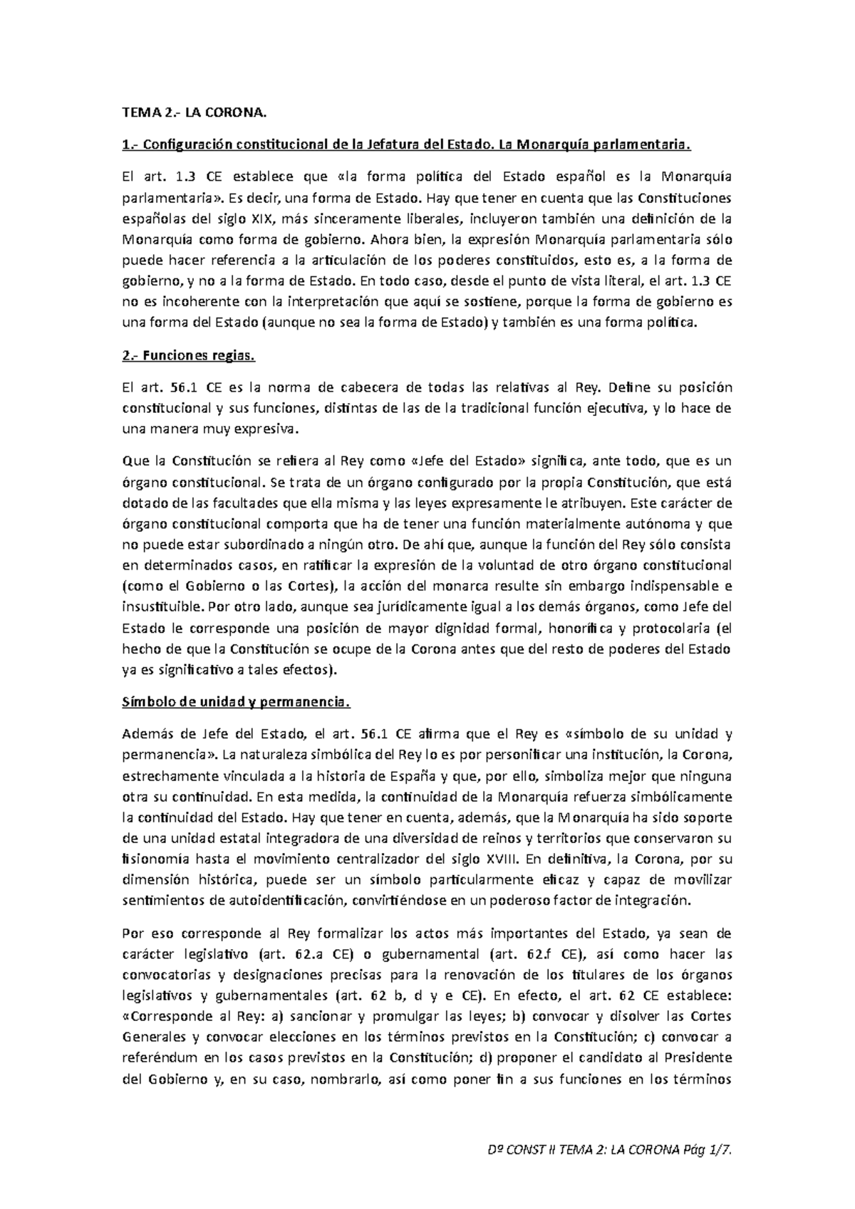 Dº Const II TEMA 2 LA Corona - TEMA 2.- LA CORONA. 1.- Configuración ...