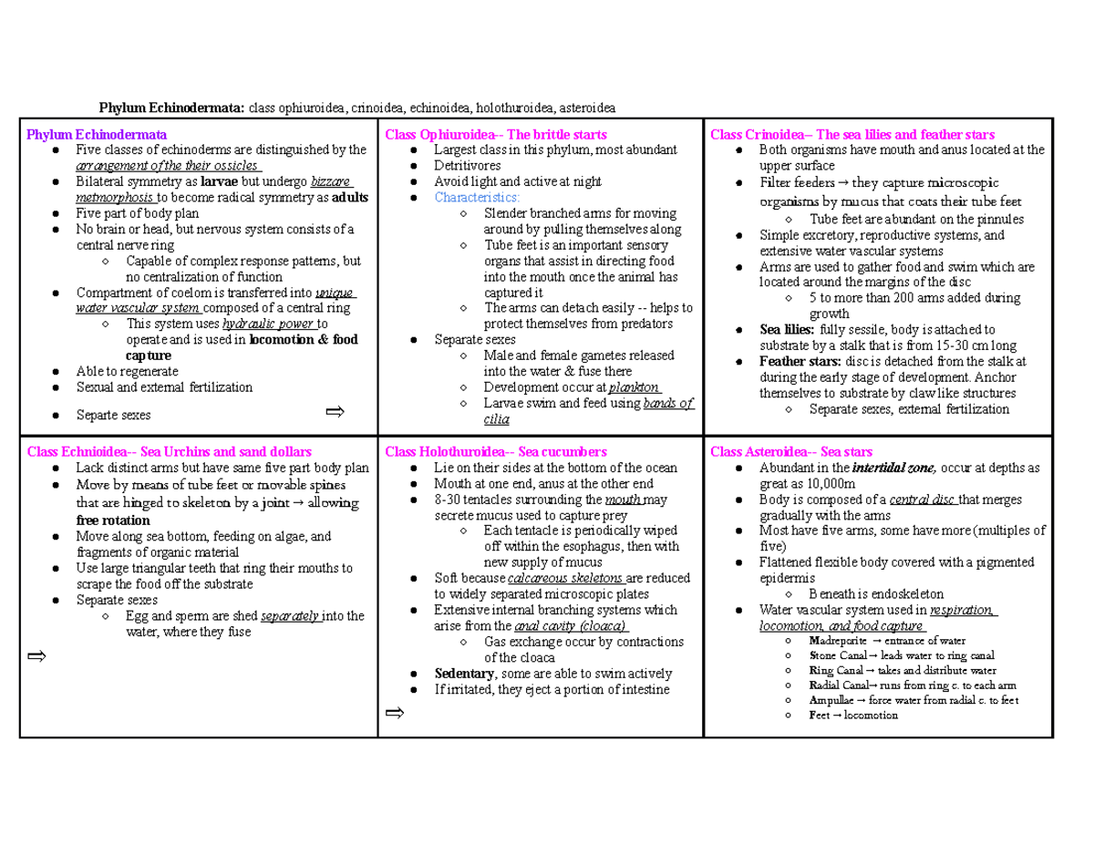 Lab 8 Chart - Phylum Echinodermata: class ophiuroidea, crinoidea ...