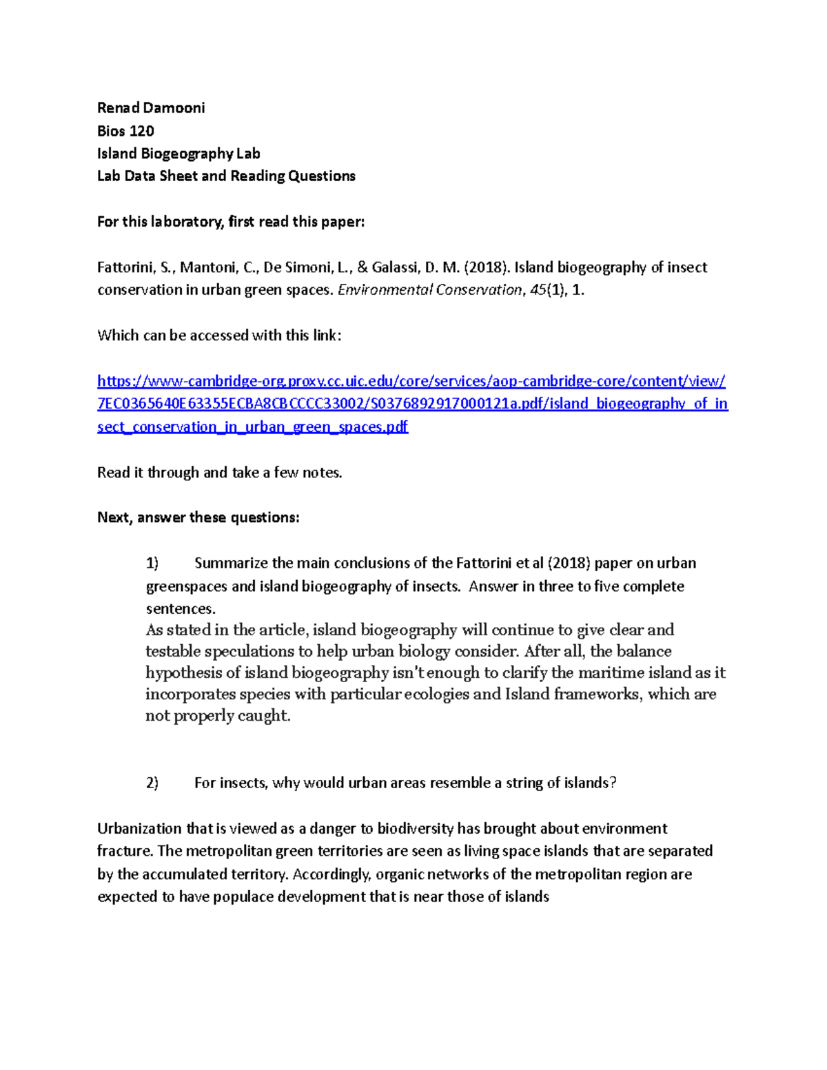 Island Biogeography Lab Renad Damooni Bios 120 Island Biogeography