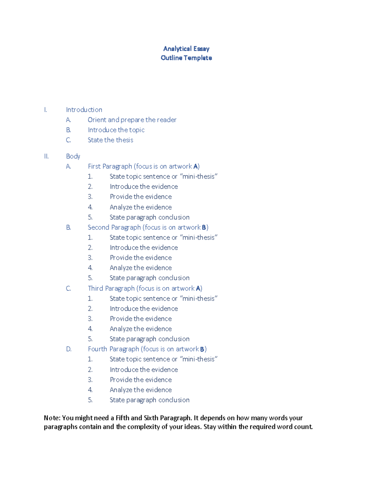 Essay Outline Template - Analytical Essay Outline Template Note: This ...