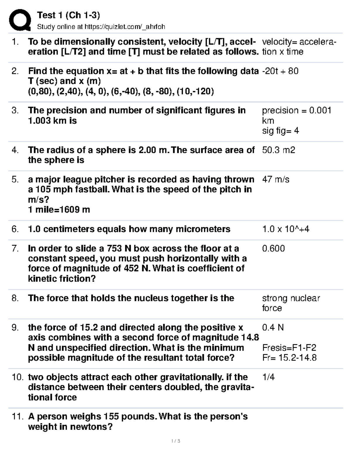 Physics Test 1 Ch1-3 - Test With Answers - Test 1 (Ch 1-3) Study Online ...