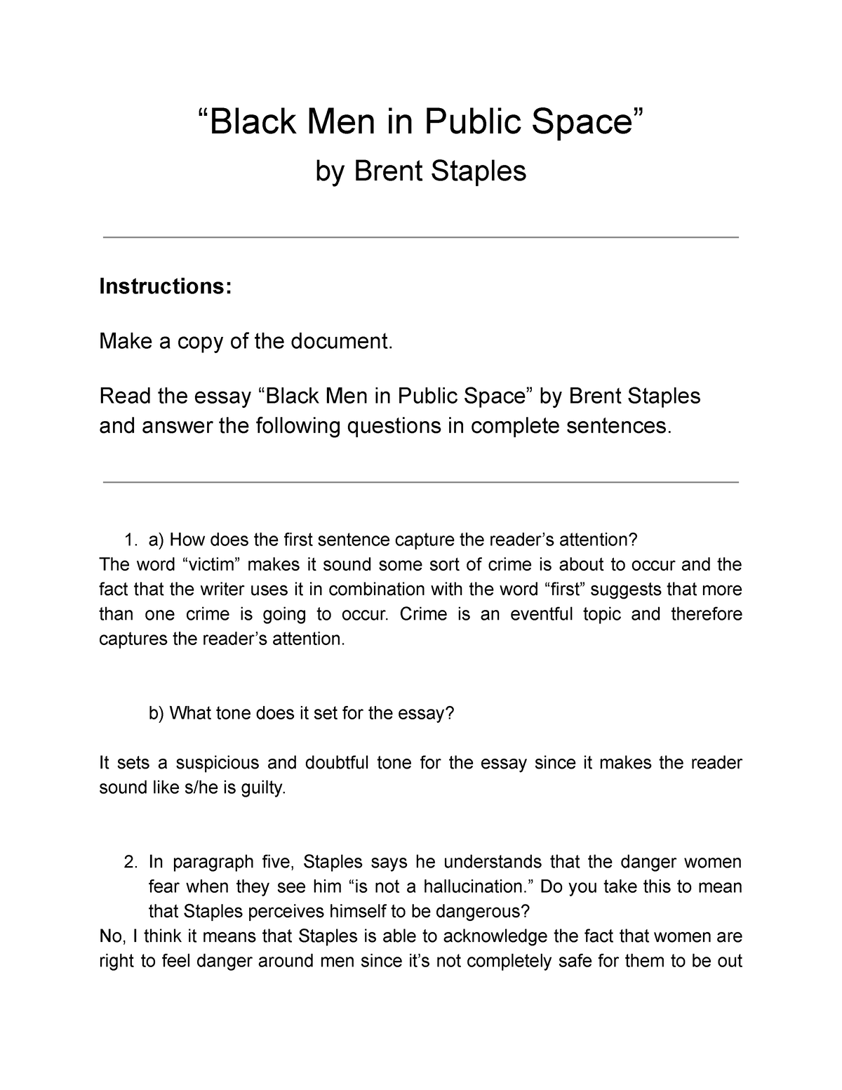 brent staples black men and public space essay