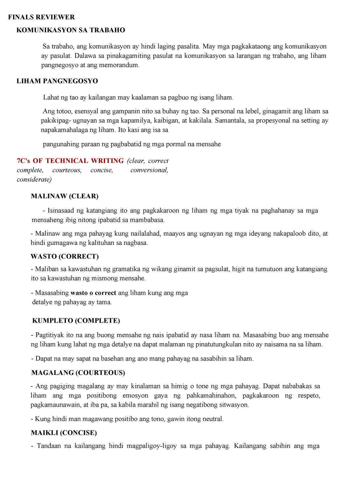 Malayuning-Komunikasyon - FINALS REVIEWER KOMUNIKASYON SA TRABAHO Sa ...