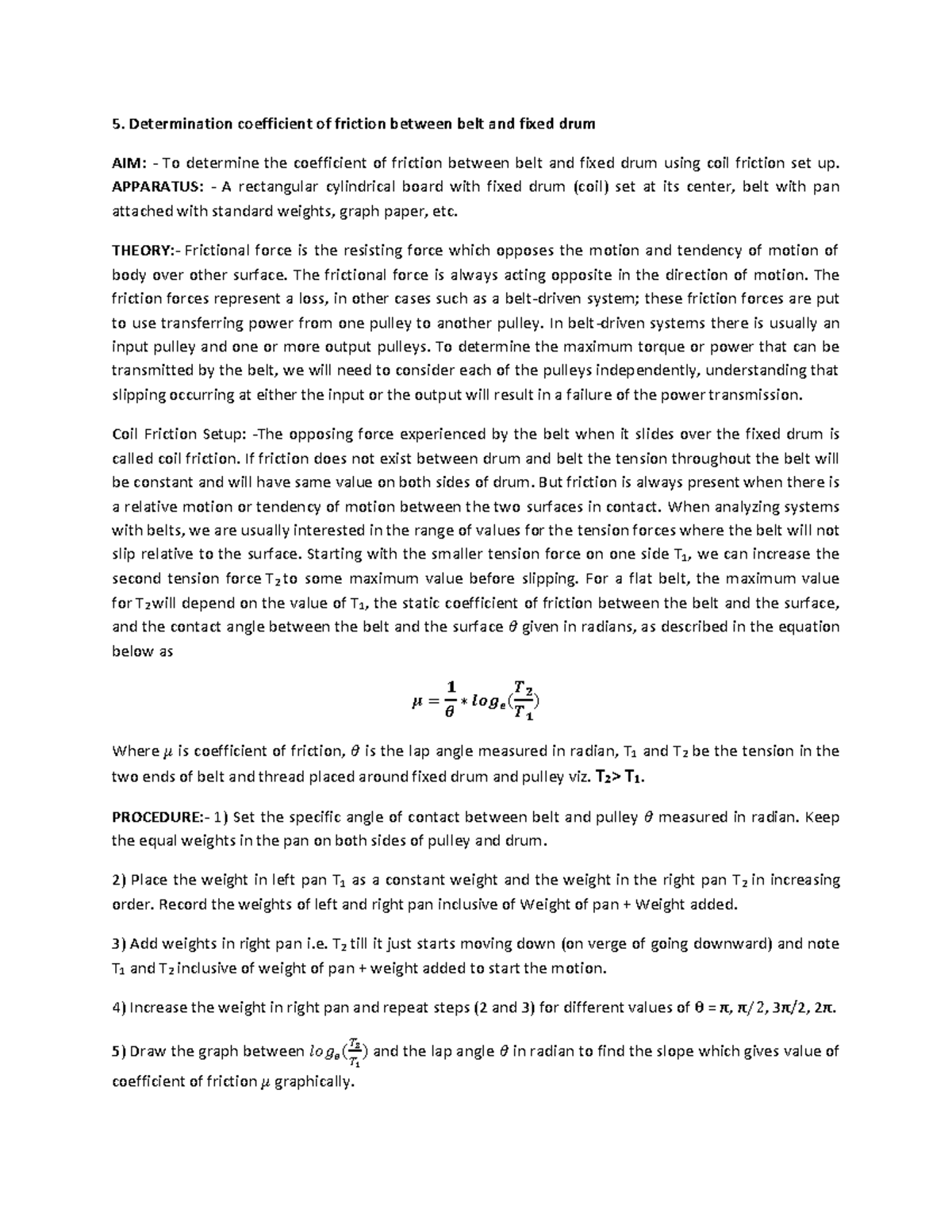 5P Friction in belt and pulley Determination coefficient of friction between belt and fixed