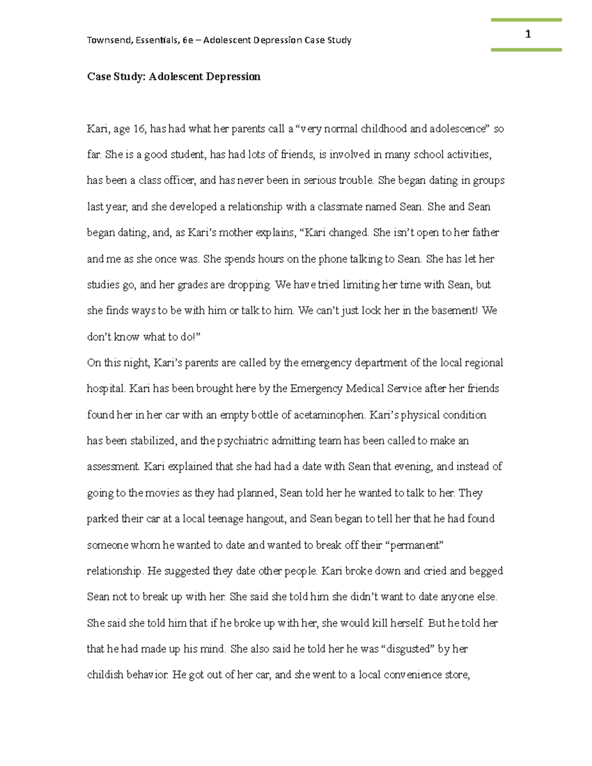 Adolescent-Depression case study-students - Townsend, Essentials, 6e ...