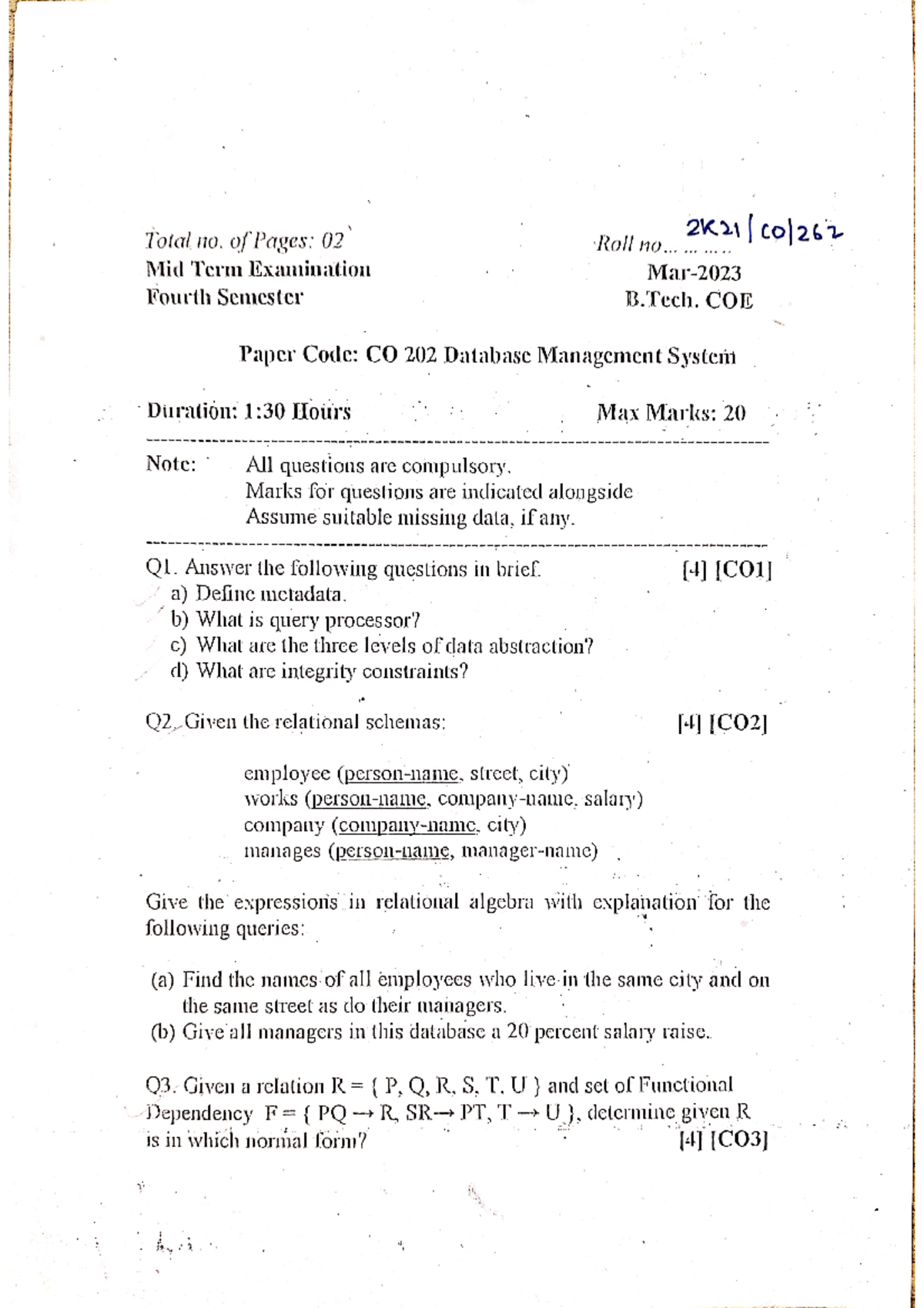 Co Dbms Pyq - Pyq - Database Management System - Studocu