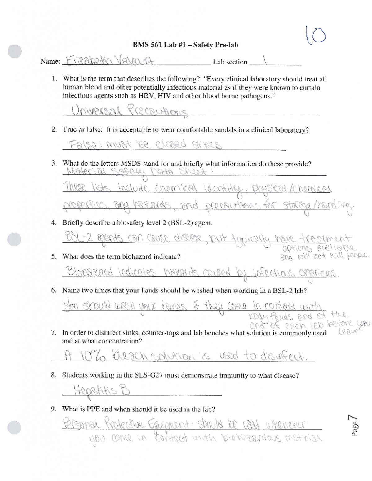 Lab Notebook Worksheets Name lo BMS 561 Lab 1 — Safety Prelab ﬁ