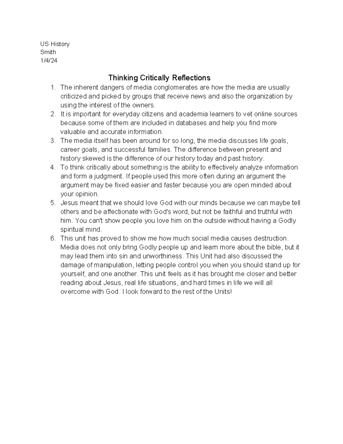 Untitled document - US History Smith 1/4/ Thinking Critically ...