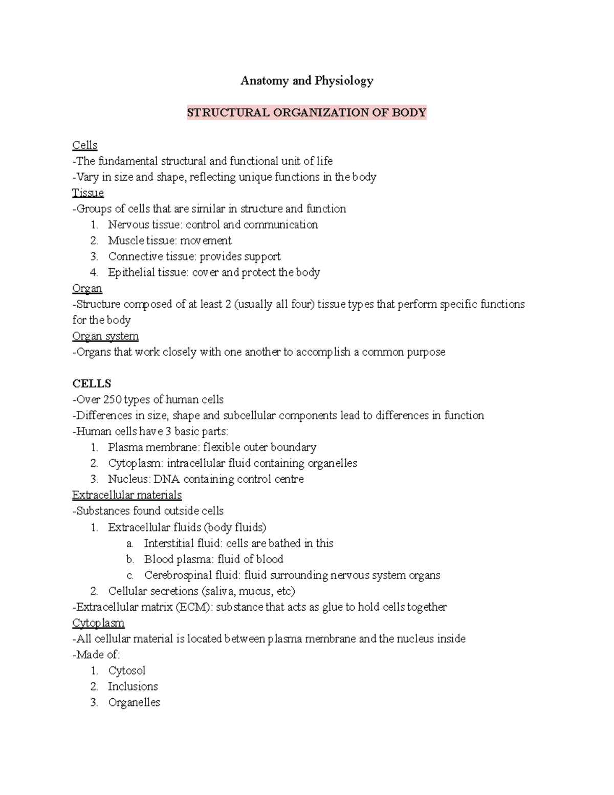 Anatomy Midterm 1 - Anatomy And Physiology STRUCTURAL ORGANIZATION OF ...