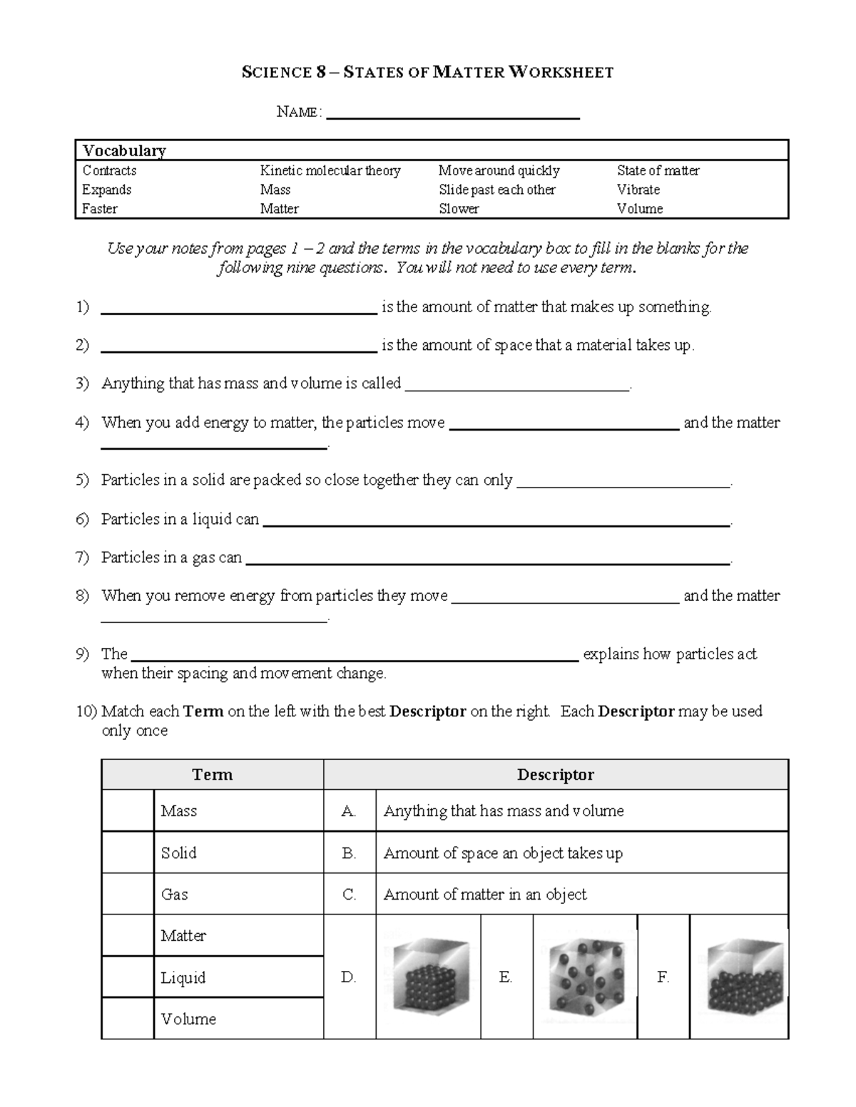 States Of Matter Worksheet SCIENCE 8 STATES OF MATTER WORKSHEET