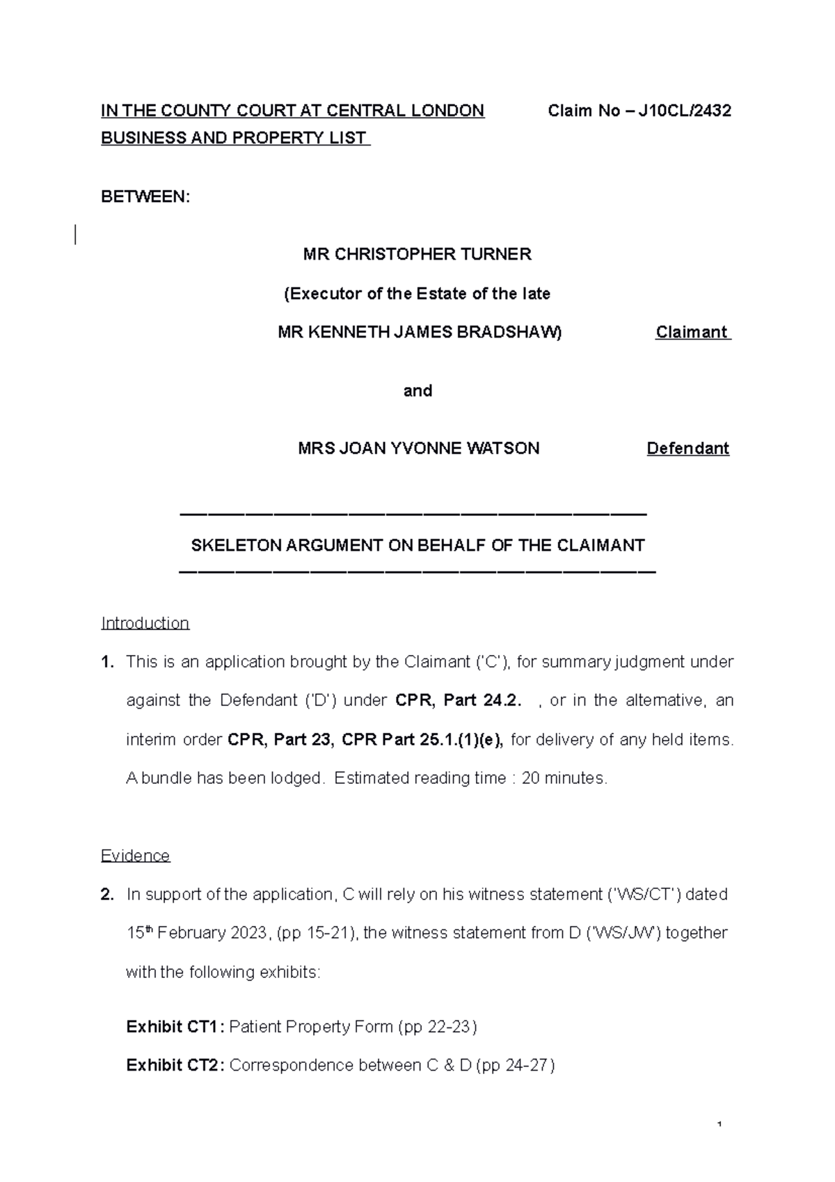 Skeleton argument - turner v watson - IN THE COUNTY COURT AT CENTRAL ...