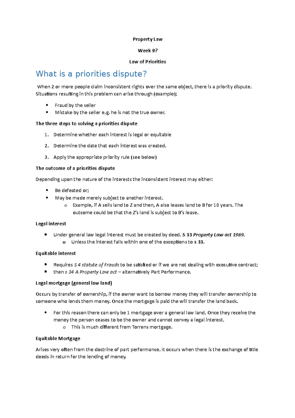 Week 9 priorities - Property Law Week 9? Law of Priorities What is a ...
