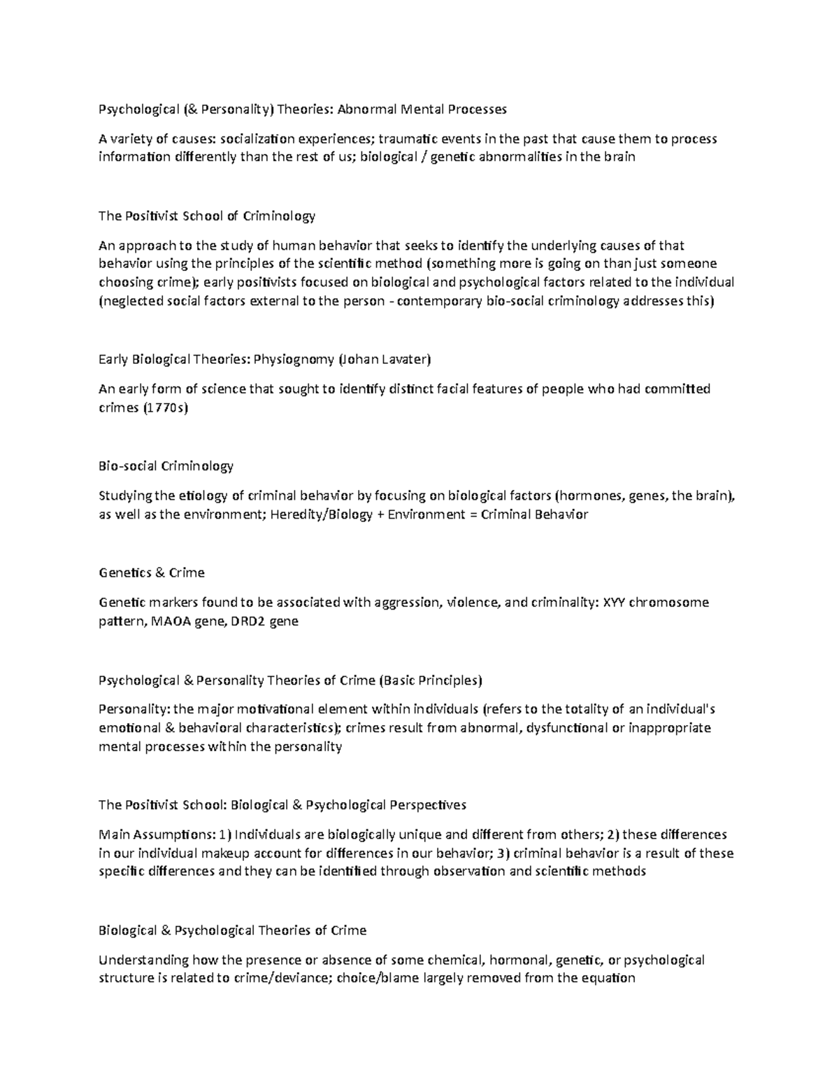 CCJ 3117 Theories of Criminal Behavior lecture notes 1 - Psychological ...
