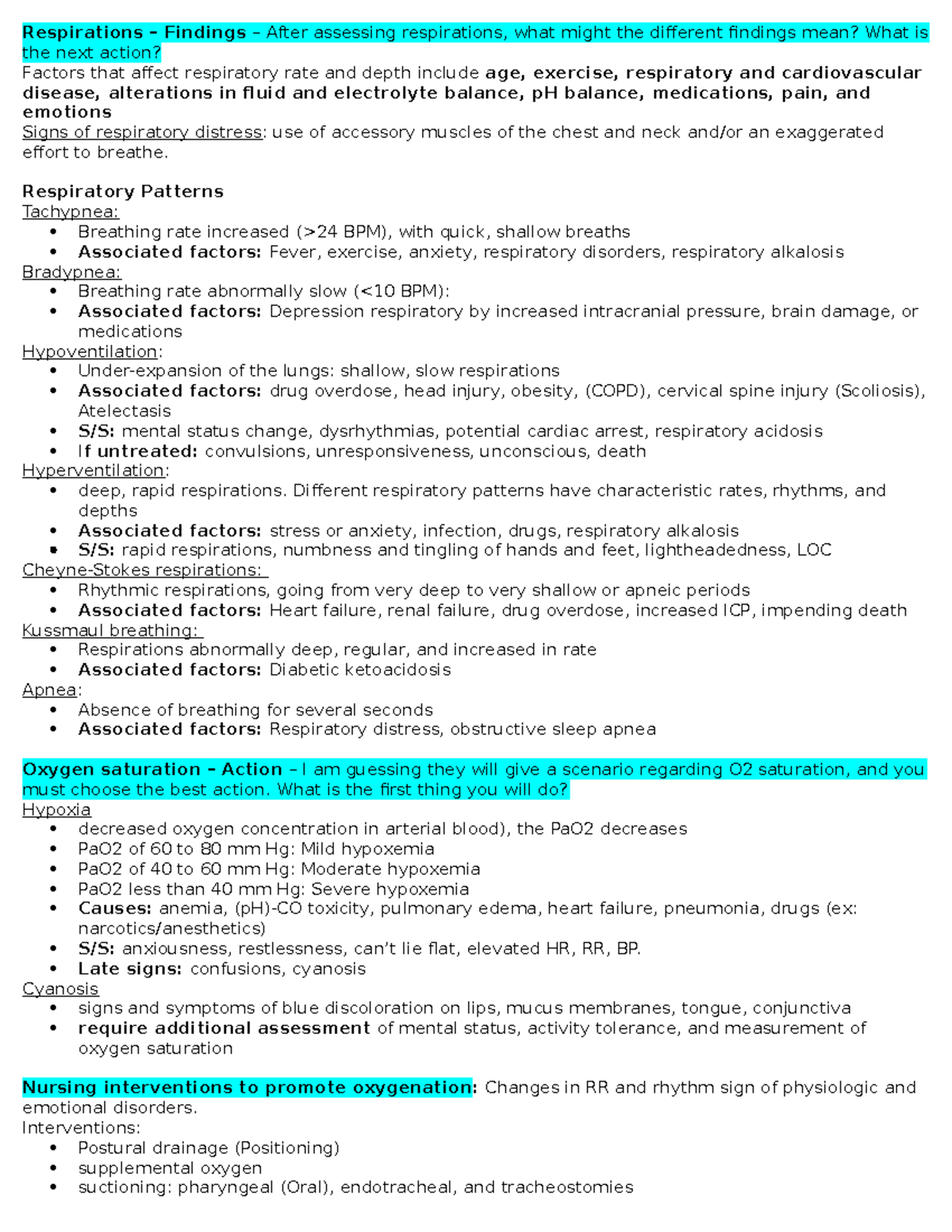 Oxygenation Study Guide HESI Fundamentals V1 - Respirations – Findings ...