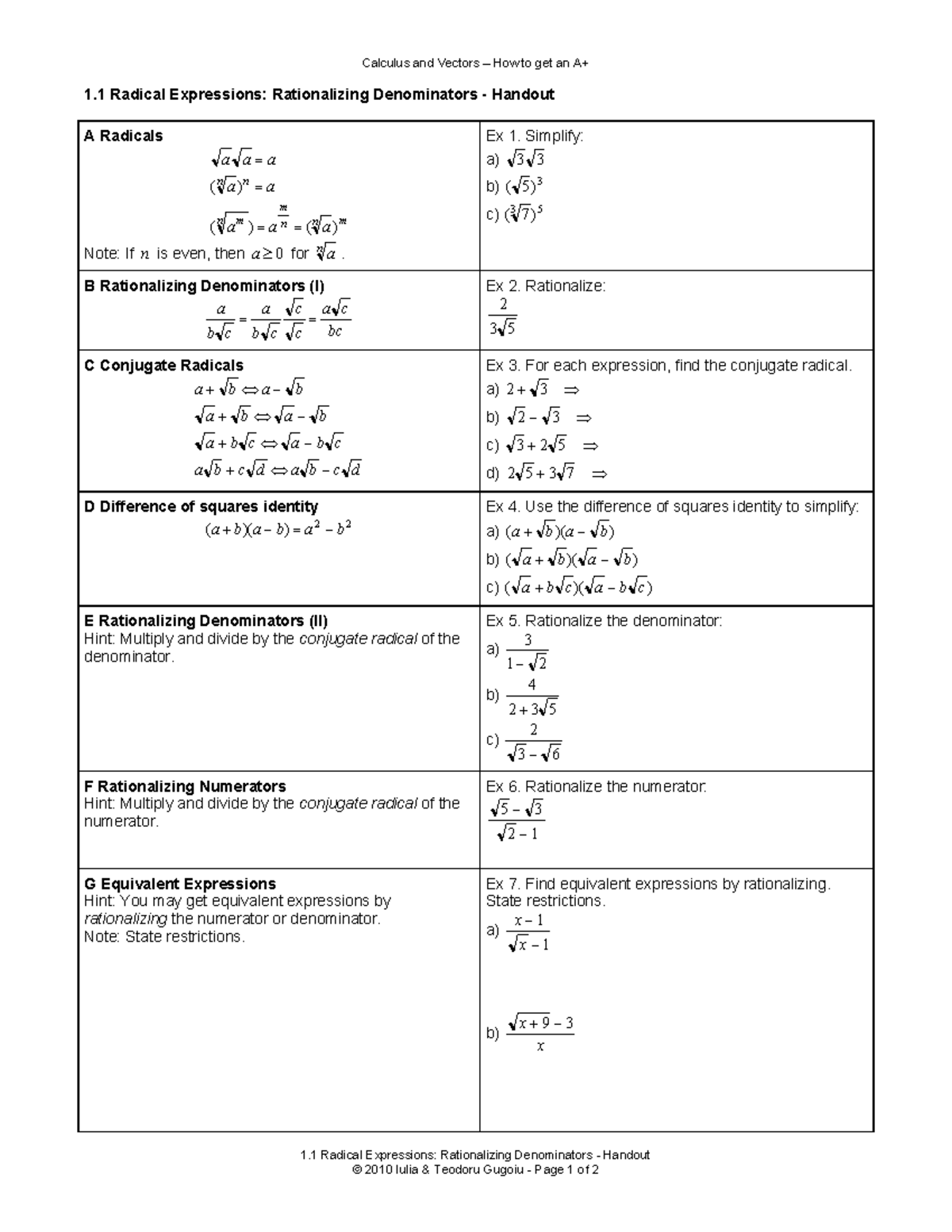1 - Calculus - Calculus and Vectors How to get an 1 Radical Expressions ...