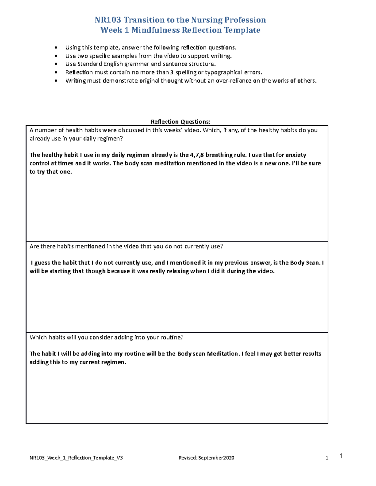 B Downing WEEK 1 Reflection - 1 NR103 Transition to the Nursing ...