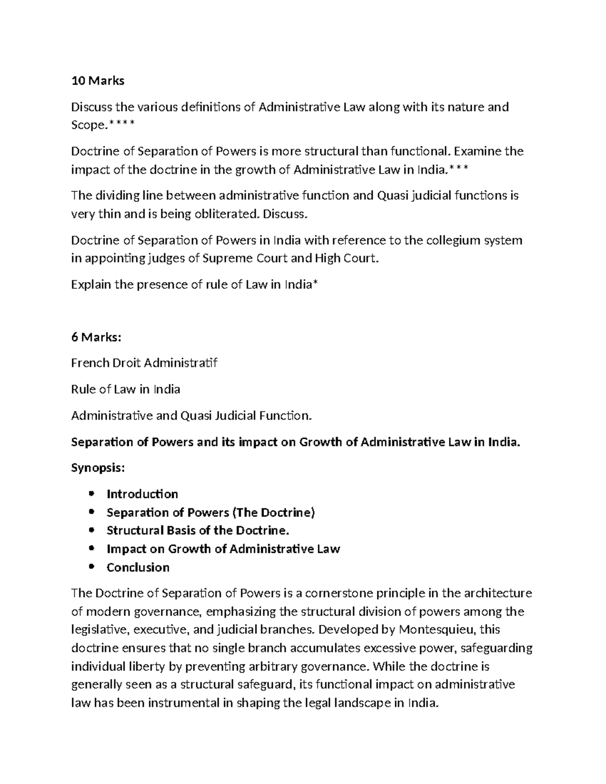 Admin Law Questions (PYQ With Model Answers) - 10 Marks Discuss the ...
