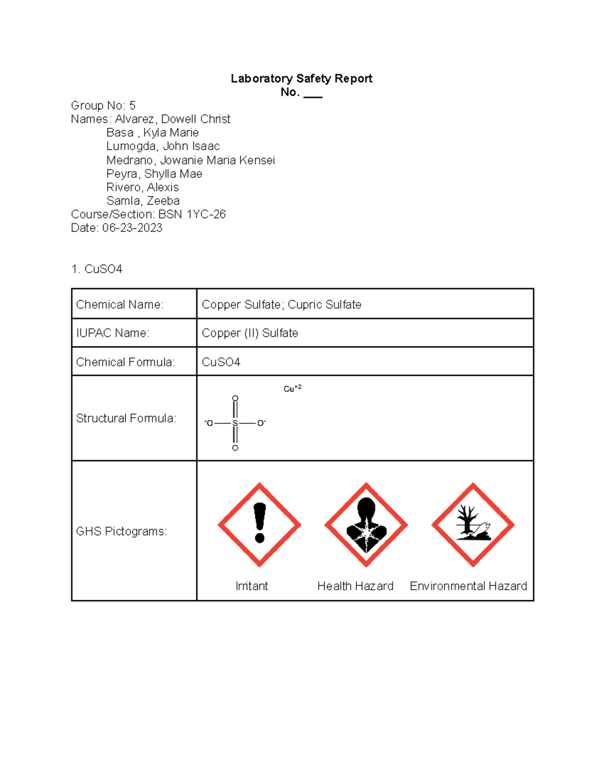 Lab Safety Report Laboratory Safety Report No. ___ Group No 5 Names