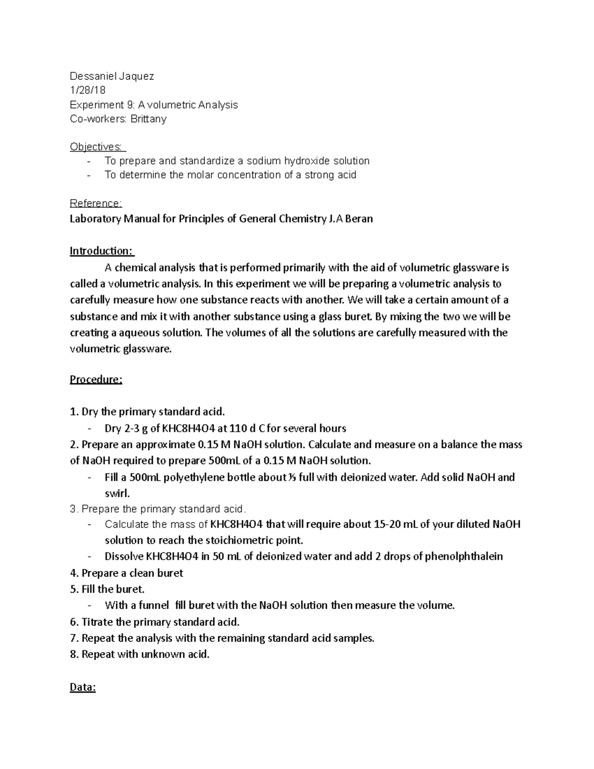 Chem lab report 9 Dessaniel Jaquez 1/28/18 Experiment 9 A volumetric
