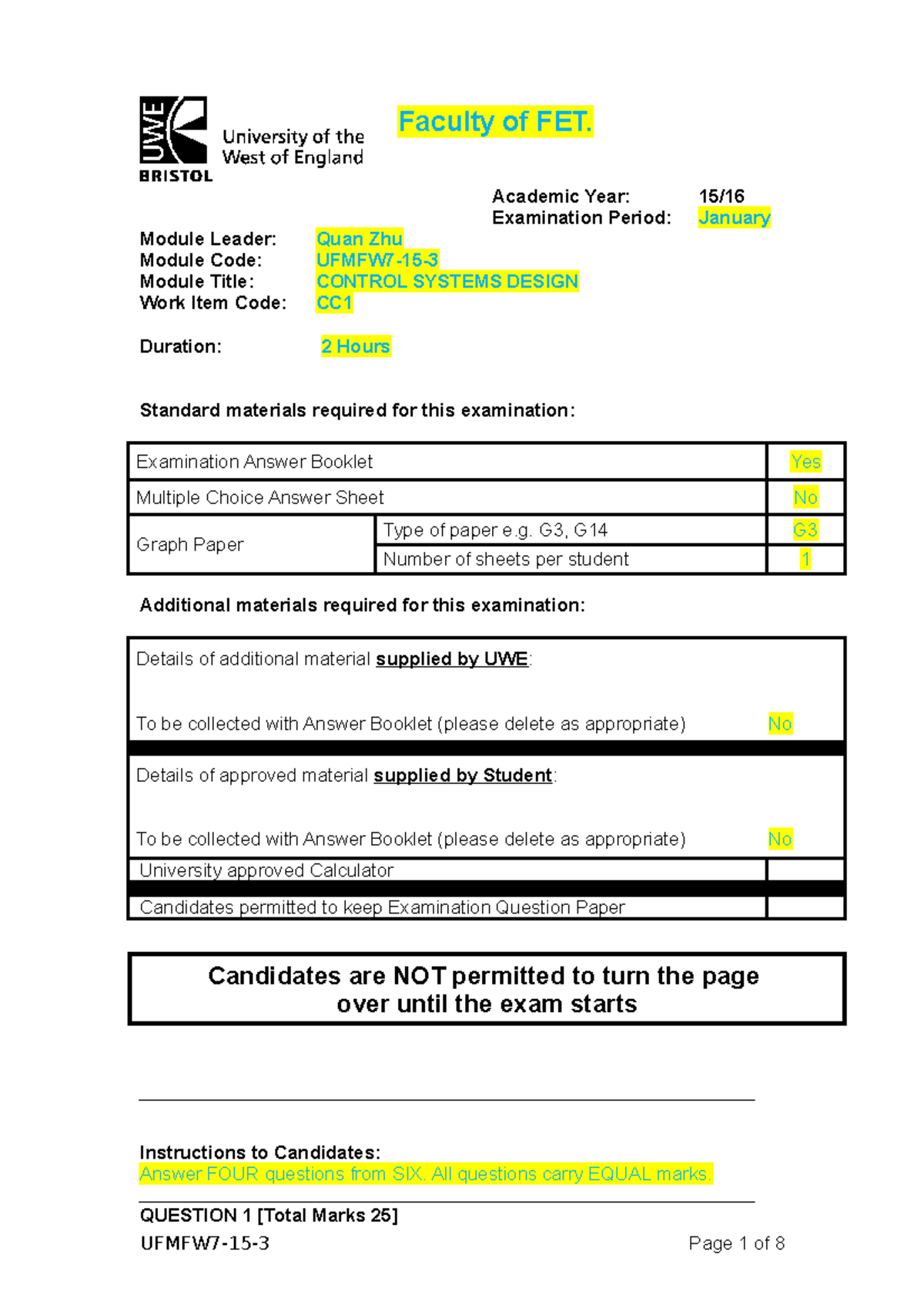 2016 Exam Ufmfw 7-15-3 - 15/16 - Faculty of FET. Academic Year: 15 ...