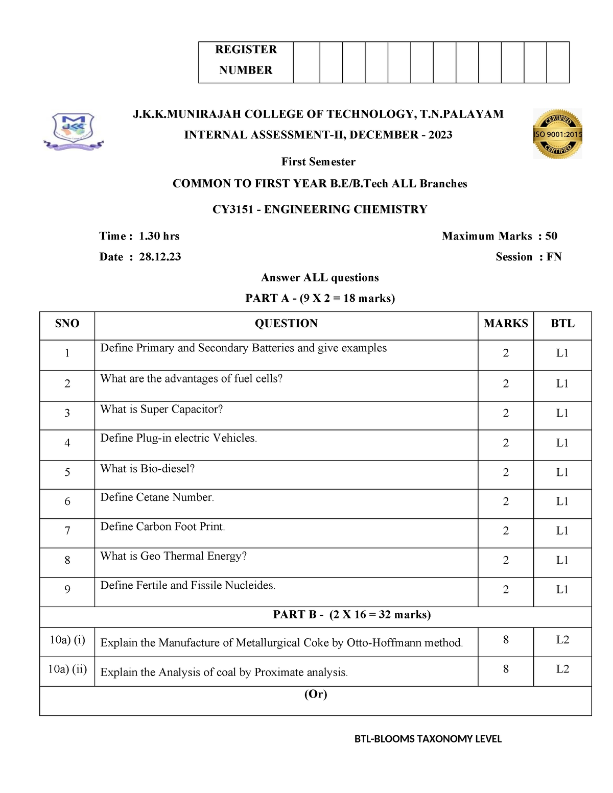 Ii Int Ec Question Set B Dec 2023 J K K College Of Technology T N Internal Assessment Ii