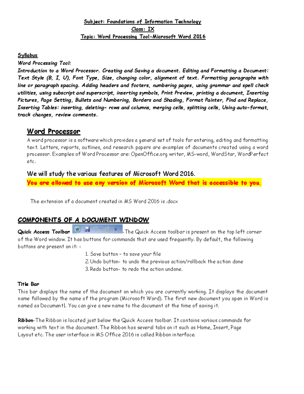 558872853-Word-Processing - Subject: Foundations of Information ...