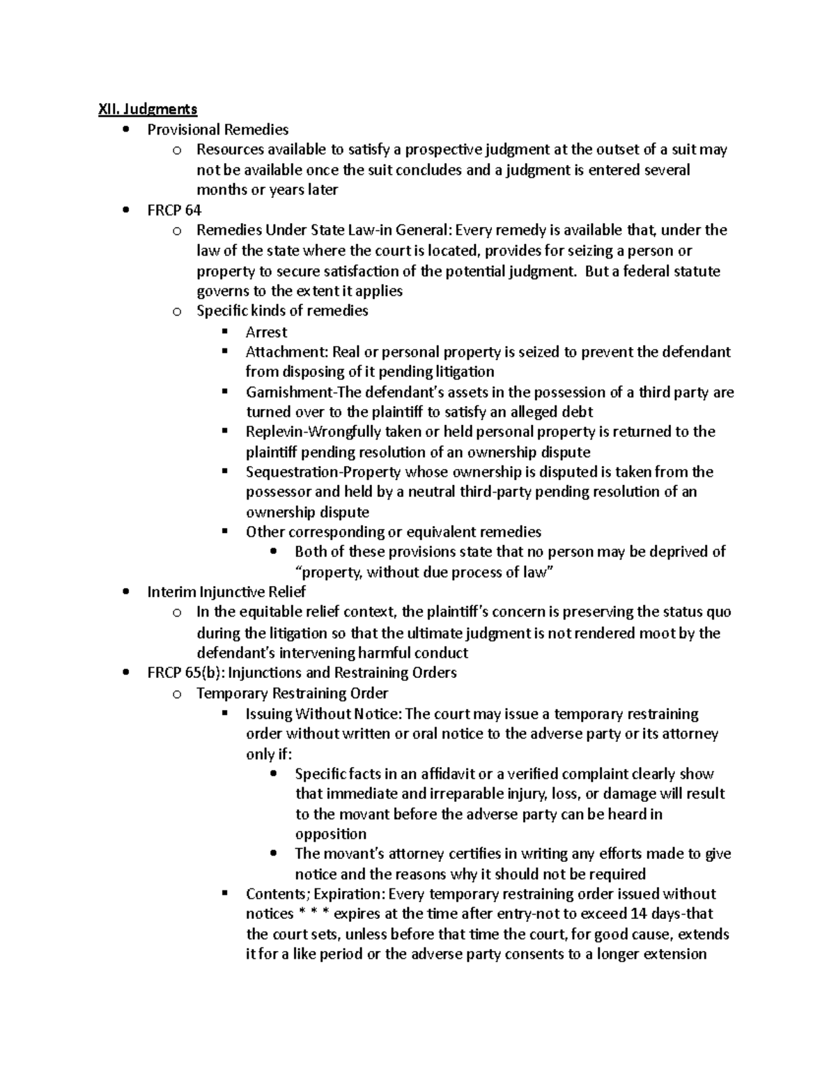 Week Fifteen Notes (Judgment and Appeals) - XII. Judgments Provisional ...