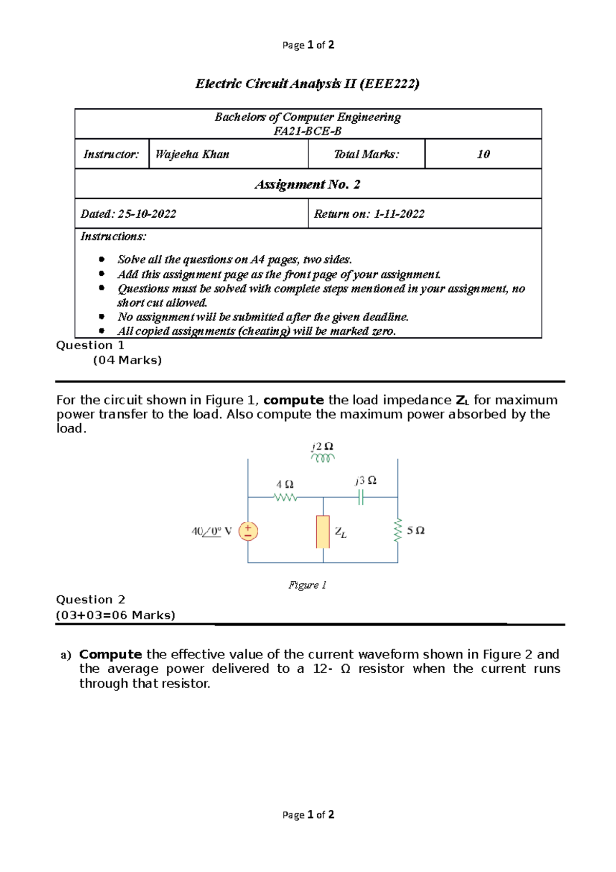 Assignment 2-ECA-II - Page 1 of 2 Electric Circuit Analysis II (EEE222 ...