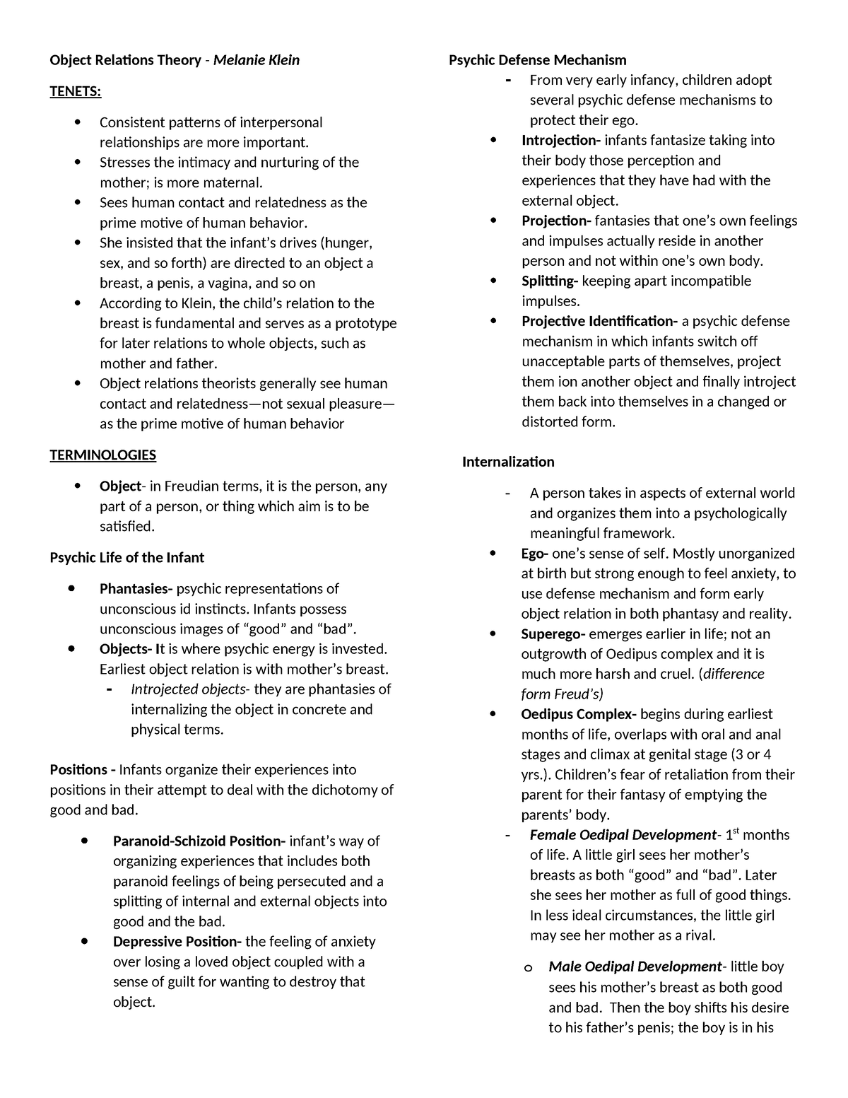 Klein Horney Fromm Erickson - Notes - Object Relations Theory - Melanie ...