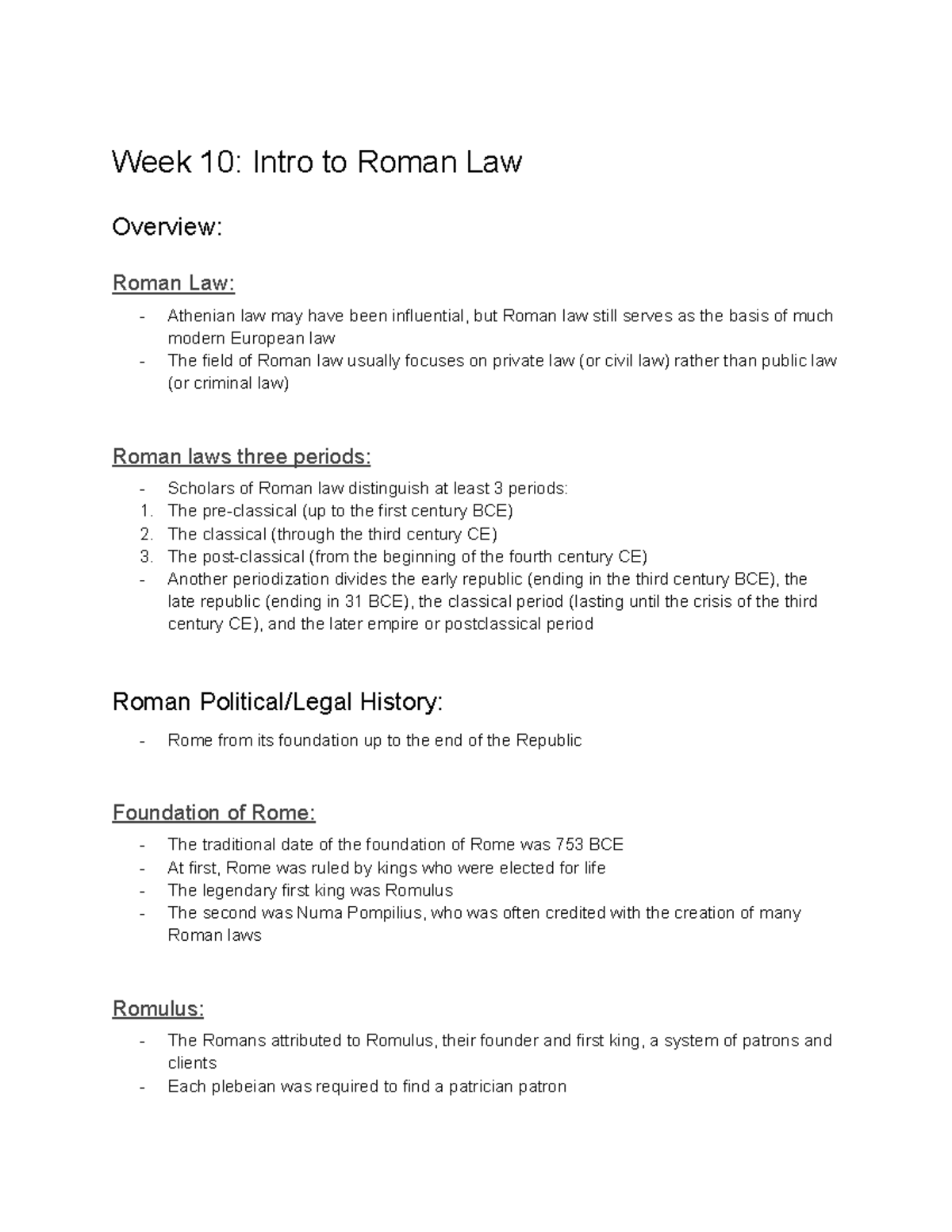 Final Notes - Week 10: Intro to Roman Law Overview: Roman Law ...