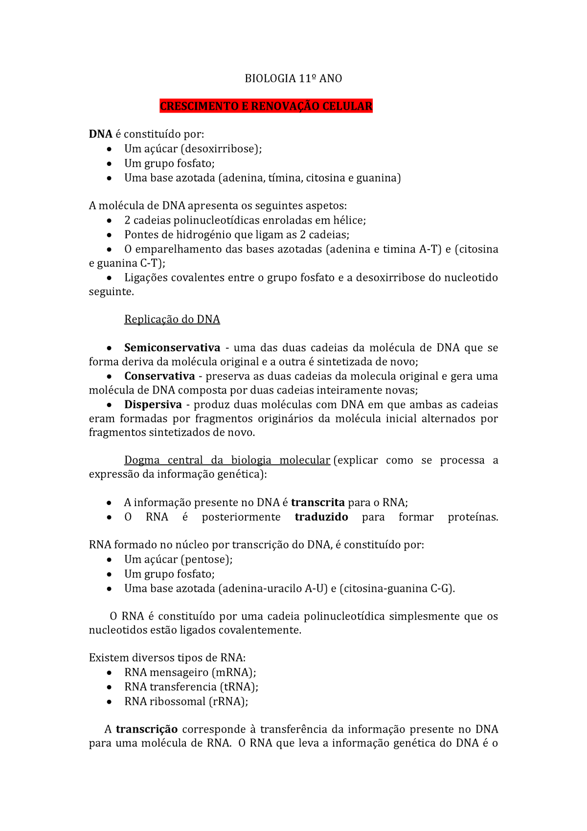 Resumoglobalbiologia 11ano 2 Biologia 11º Ano Crescimento E RenovaÇÃo Celular Dna é 5753