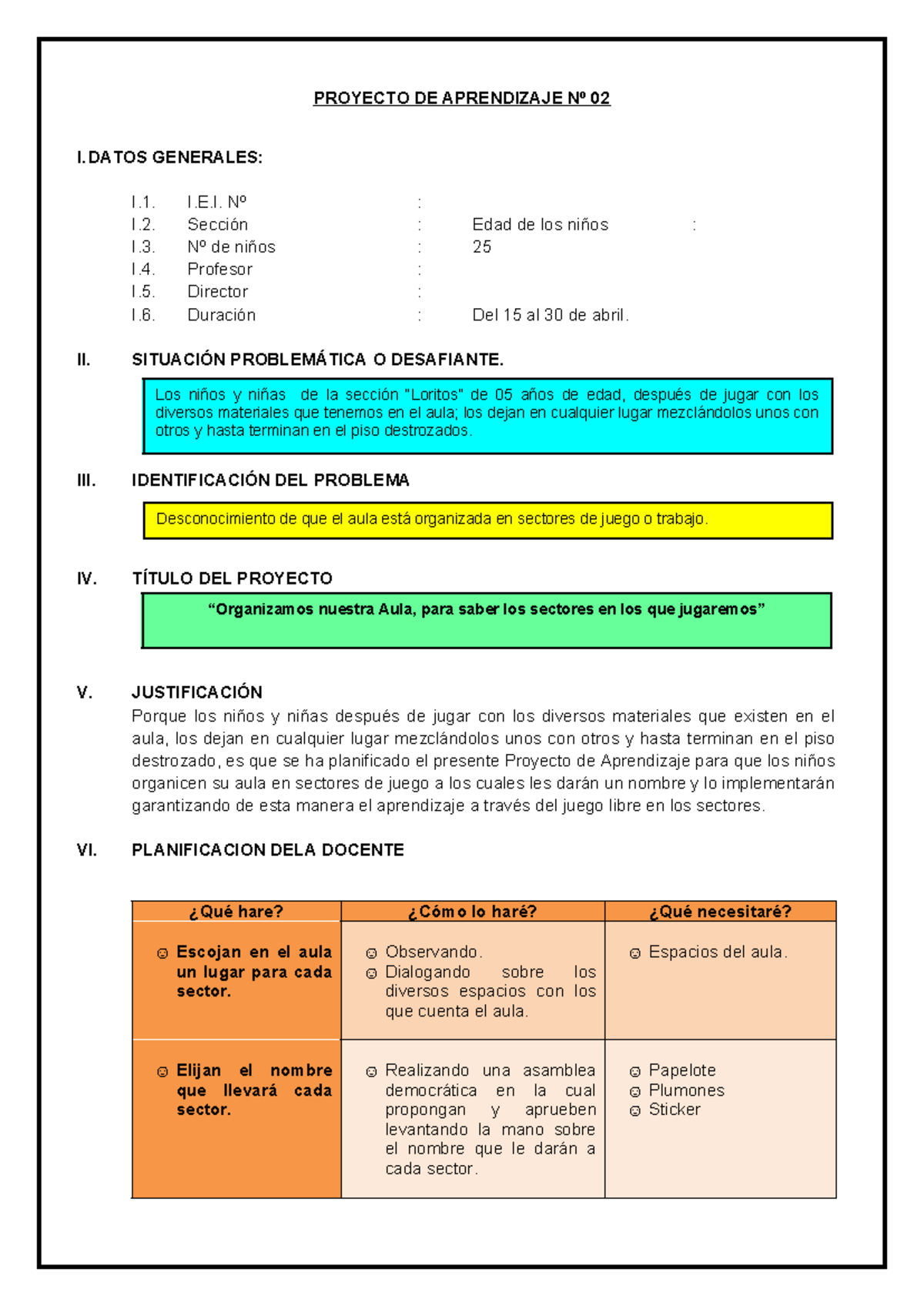 315433081 proyecto de aprendizaje - “Organizamos nuestra Aula, para ...