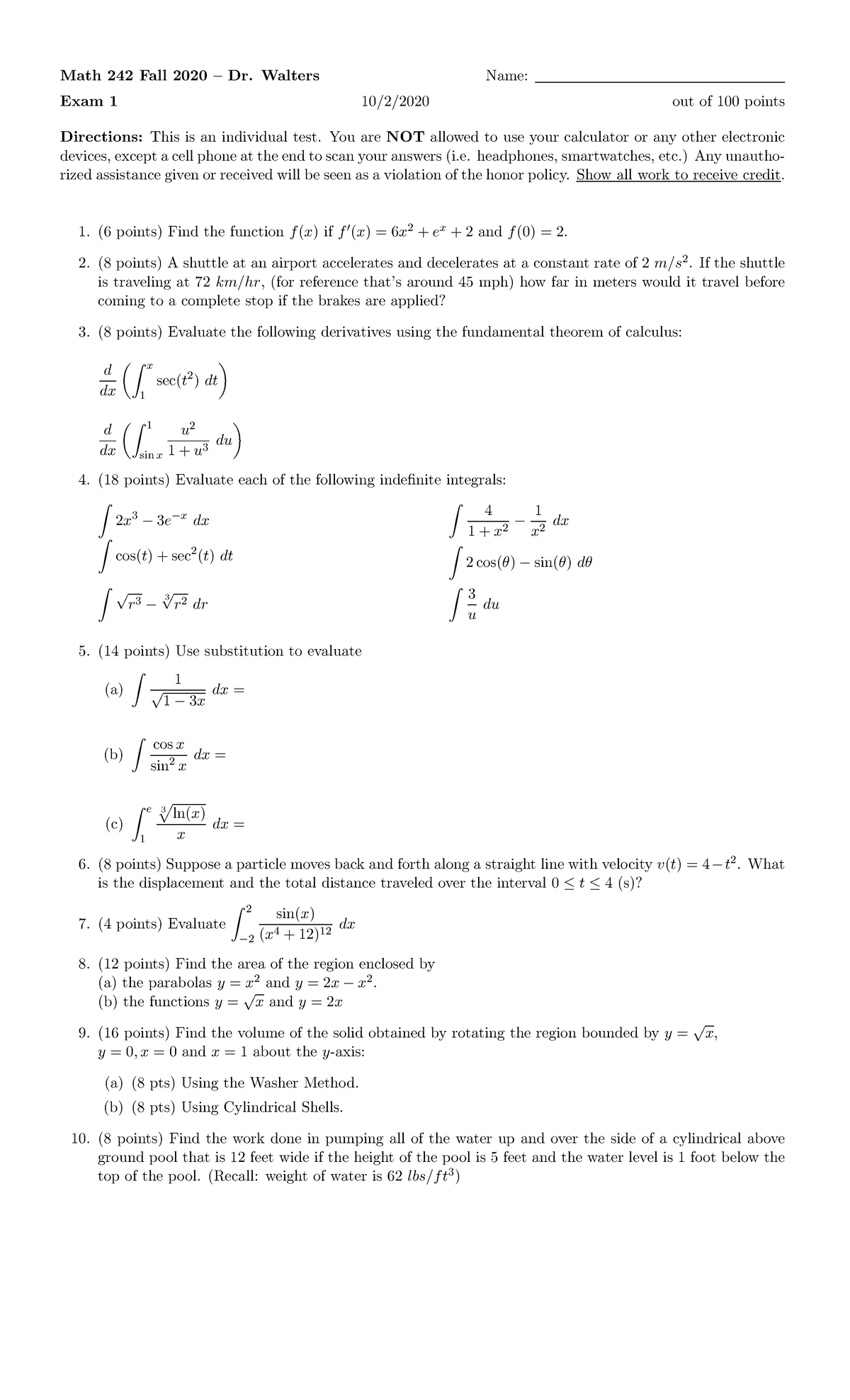 M242F20E1 - Notes - Math 242 Fall 2020 – Dr. Walters Name: Exam 1 10/2 ...