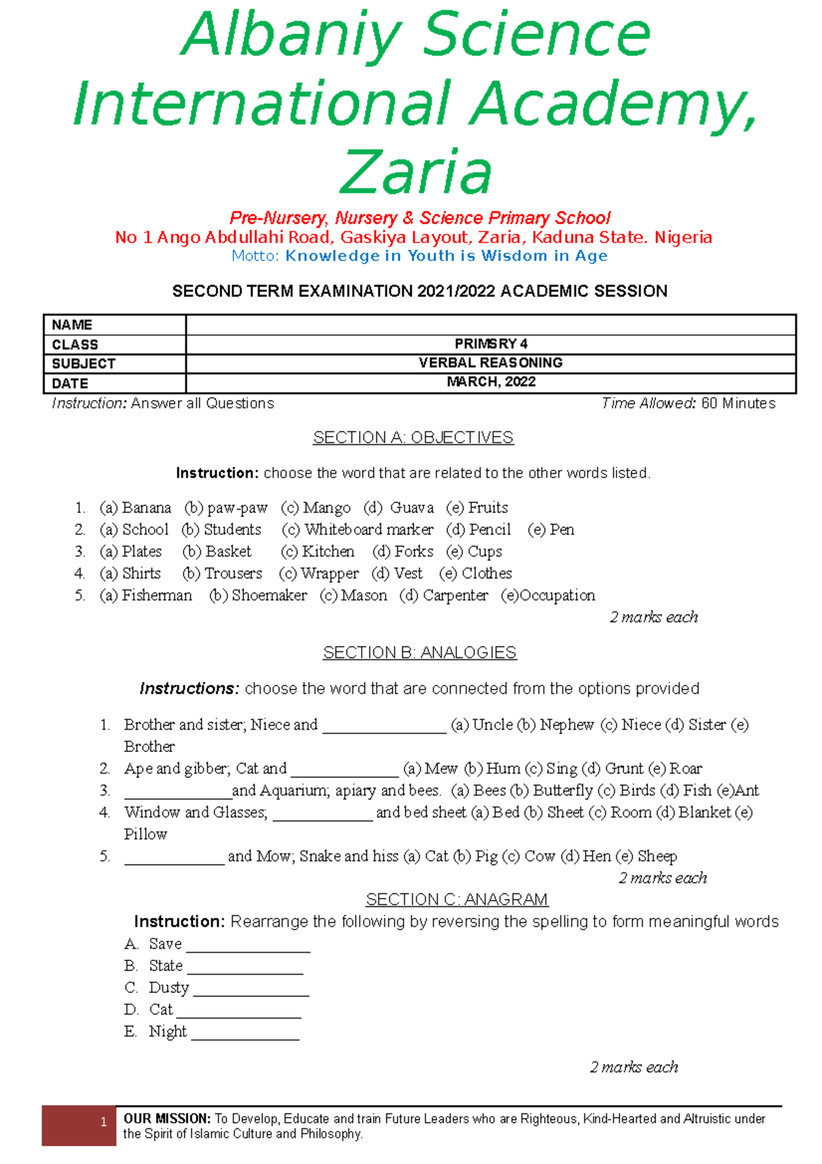 Verbal reasoning Primary 4 Albaniy Science International Academy