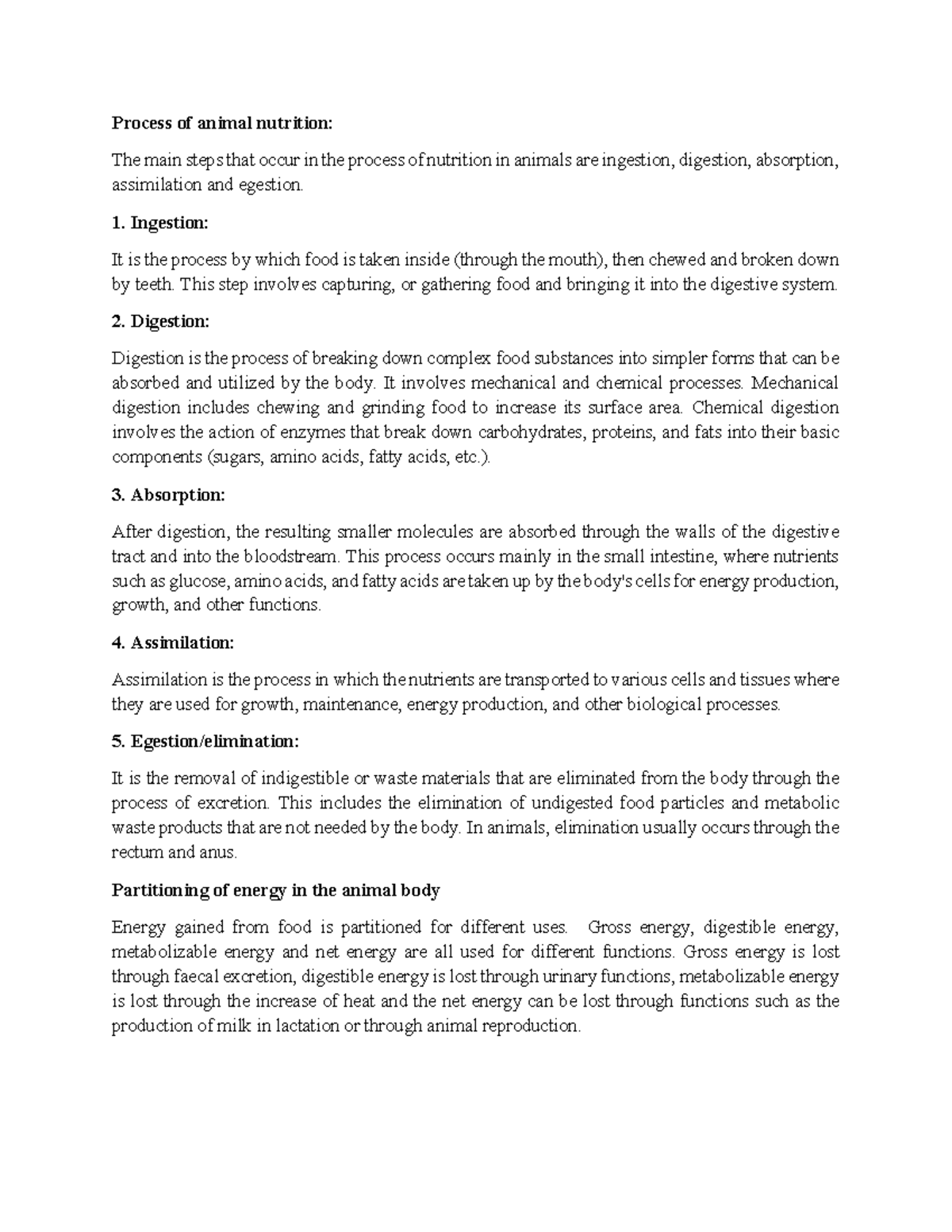 Animal Nutrition process and energy partition in animal body Process