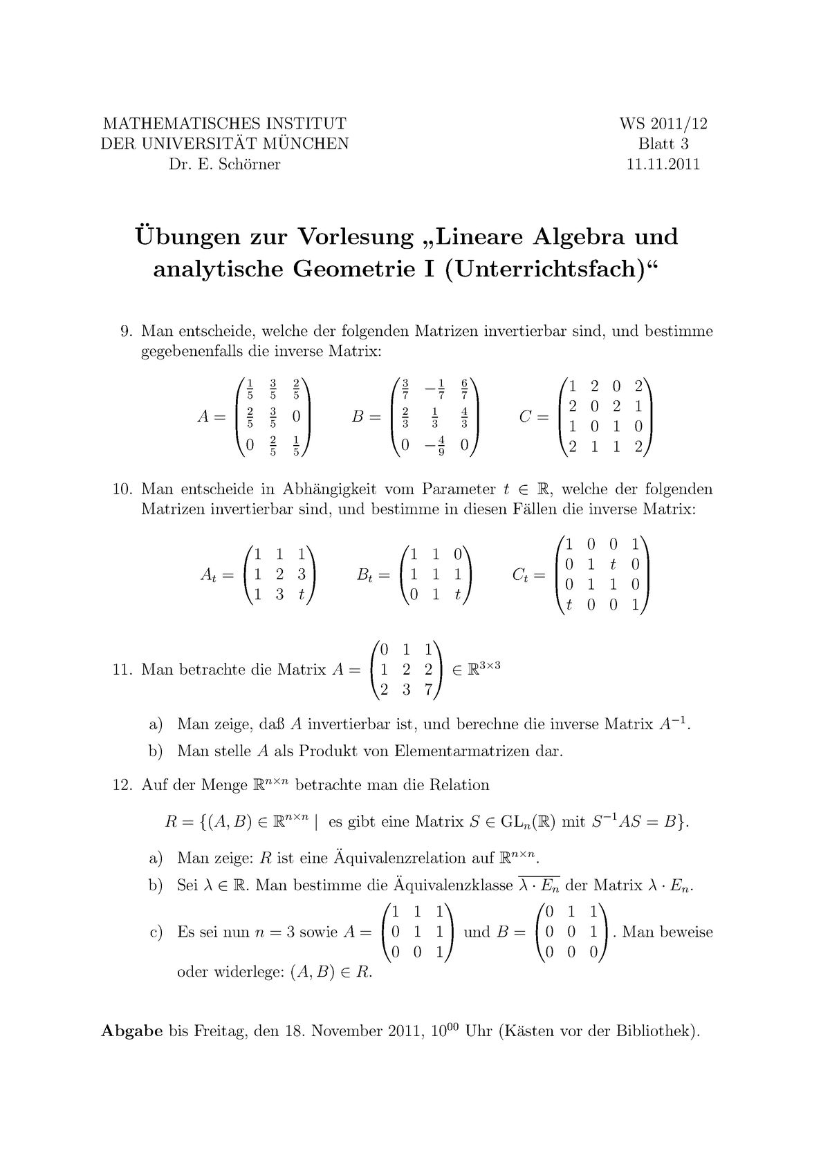 11.11.2011 Mit Lösung Übungen Lineare Algebra Und Analytische Geometrie ...