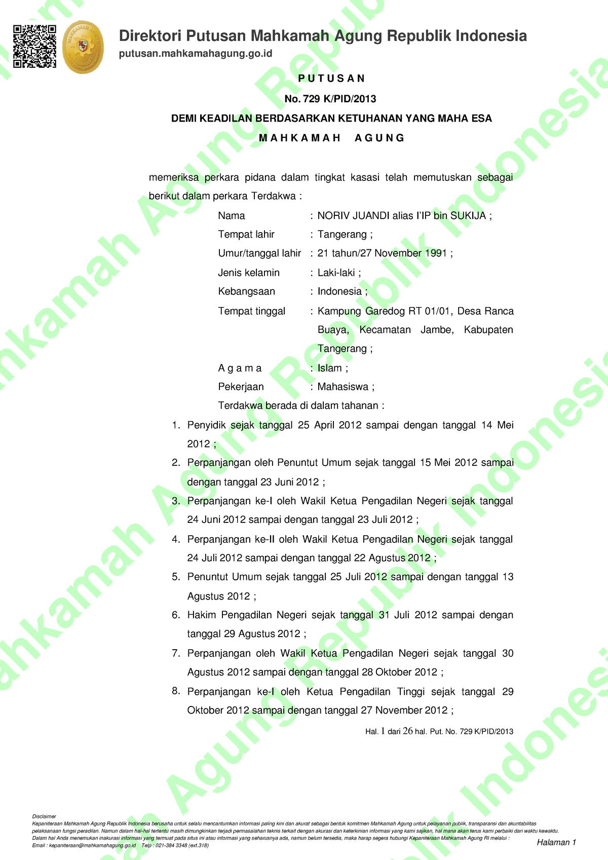 Putusan 729 K Pid 2013 20230215141509 - Indonesia Putusan.mahkamahagung ...